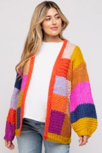 Multi-Color Checkered Thick Knit Maternity Cardigan sold by Pinkblush