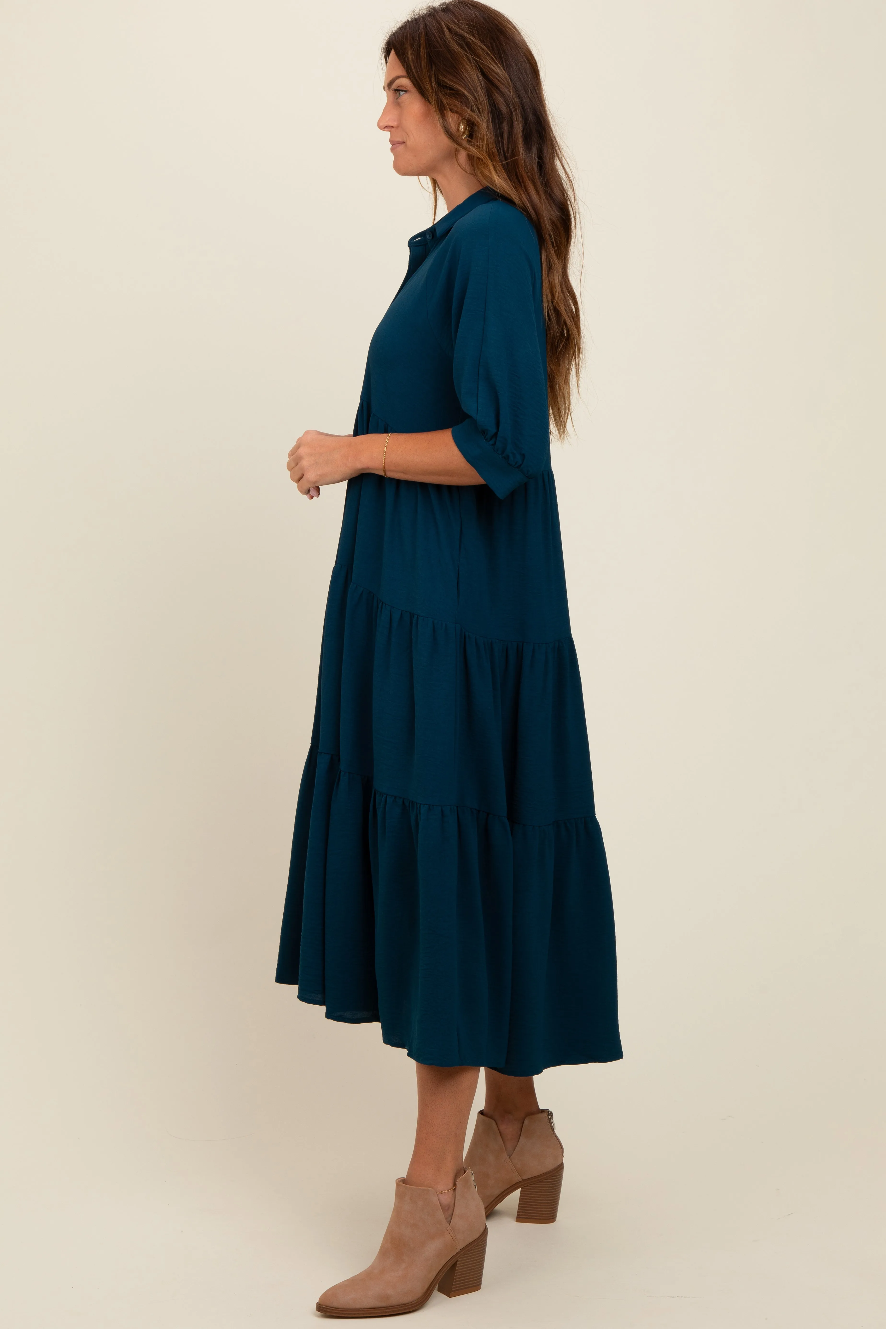 Dark Teal Collared Button Up Tiered Midi Dress sold by Pinkblush product image thumbnail 3
