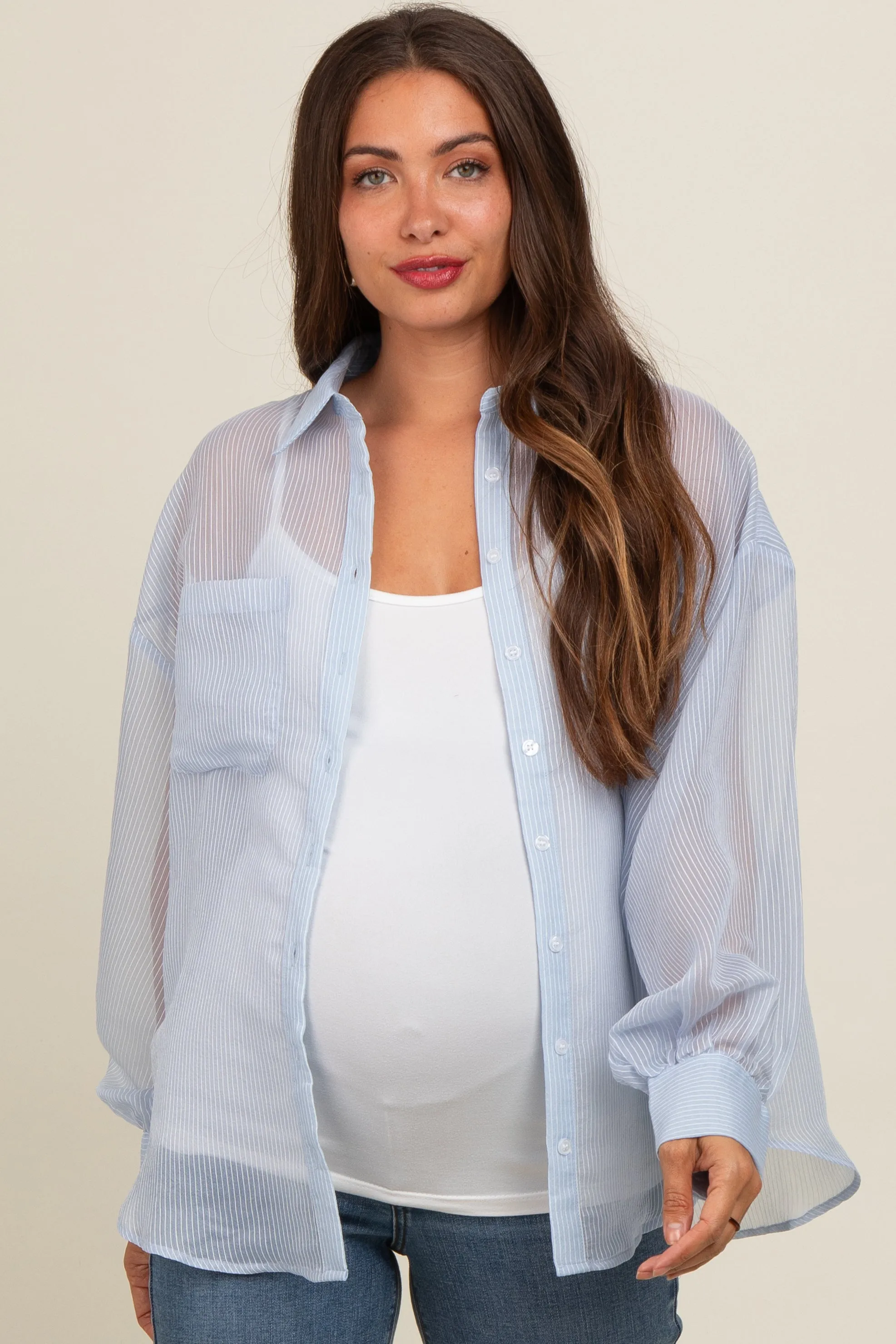 Light Blue Sheer Striped Maternity Button Down Blouse sold by Pinkblush