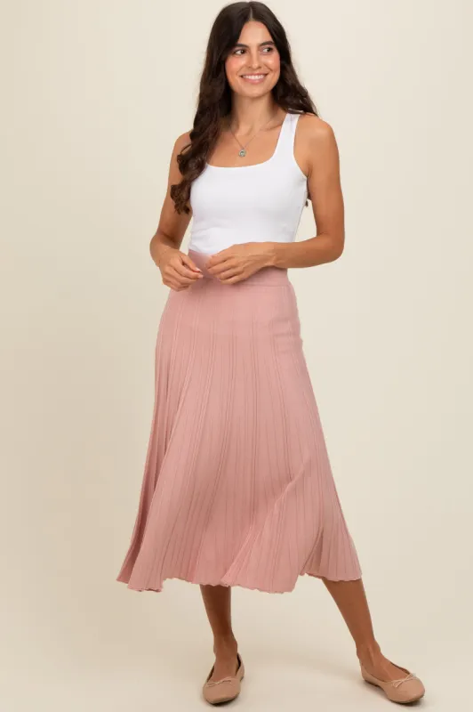 Mauve Ribbed Knit A-Line Midi Skirt sold by Pinkblush