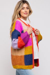 Multi-Color Checkered Thick Knit Maternity Cardigan sold by Pinkblush