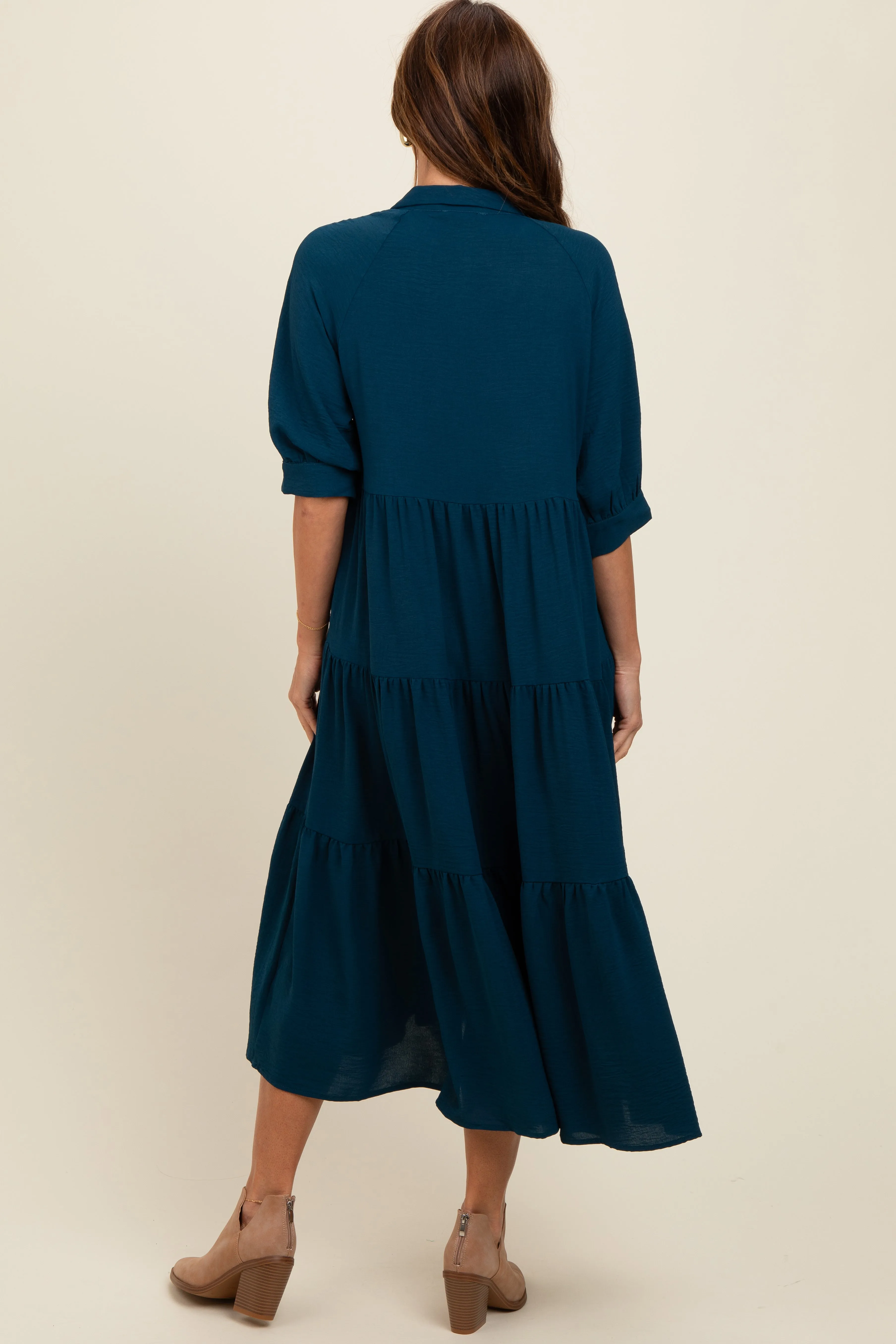 Dark Teal Collared Button Up Tiered Midi Dress sold by Pinkblush product image thumbnail 4