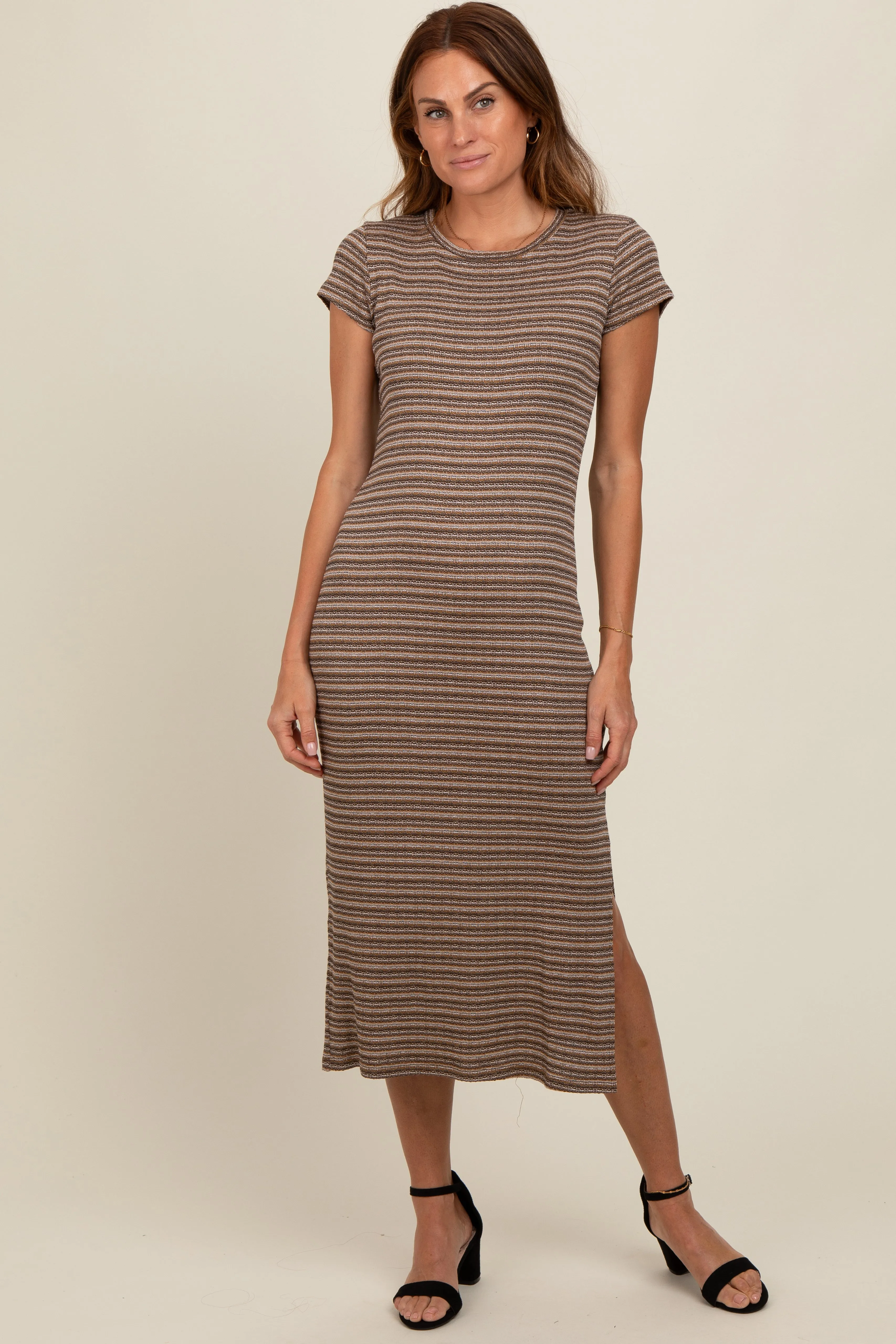 Brown Striped Side Slit Maternity Midi Dress sold by Pinkblush product image thumbnail 5