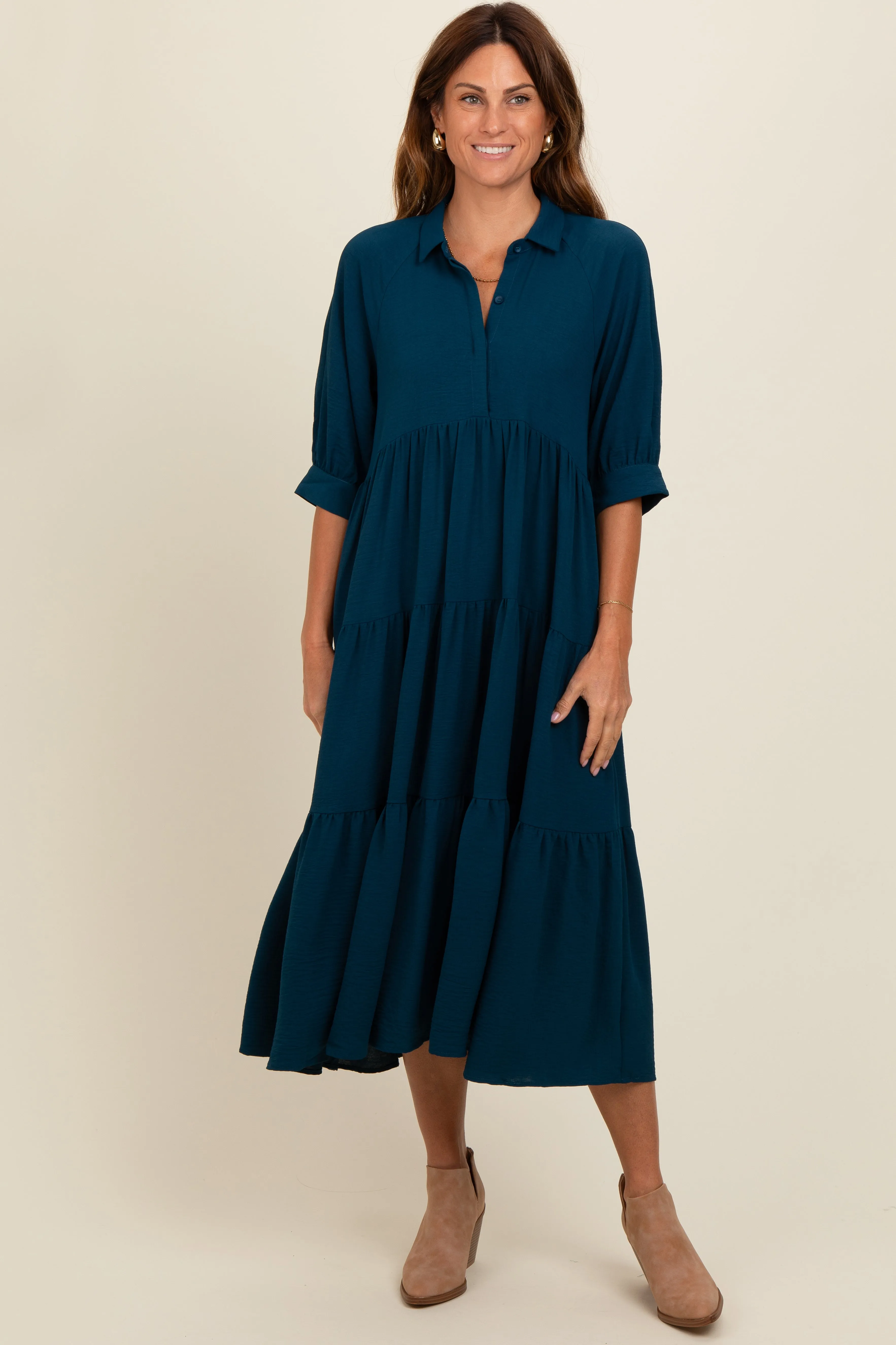 Dark Teal Collared Button Up Tiered Midi Dress sold by Pinkblush