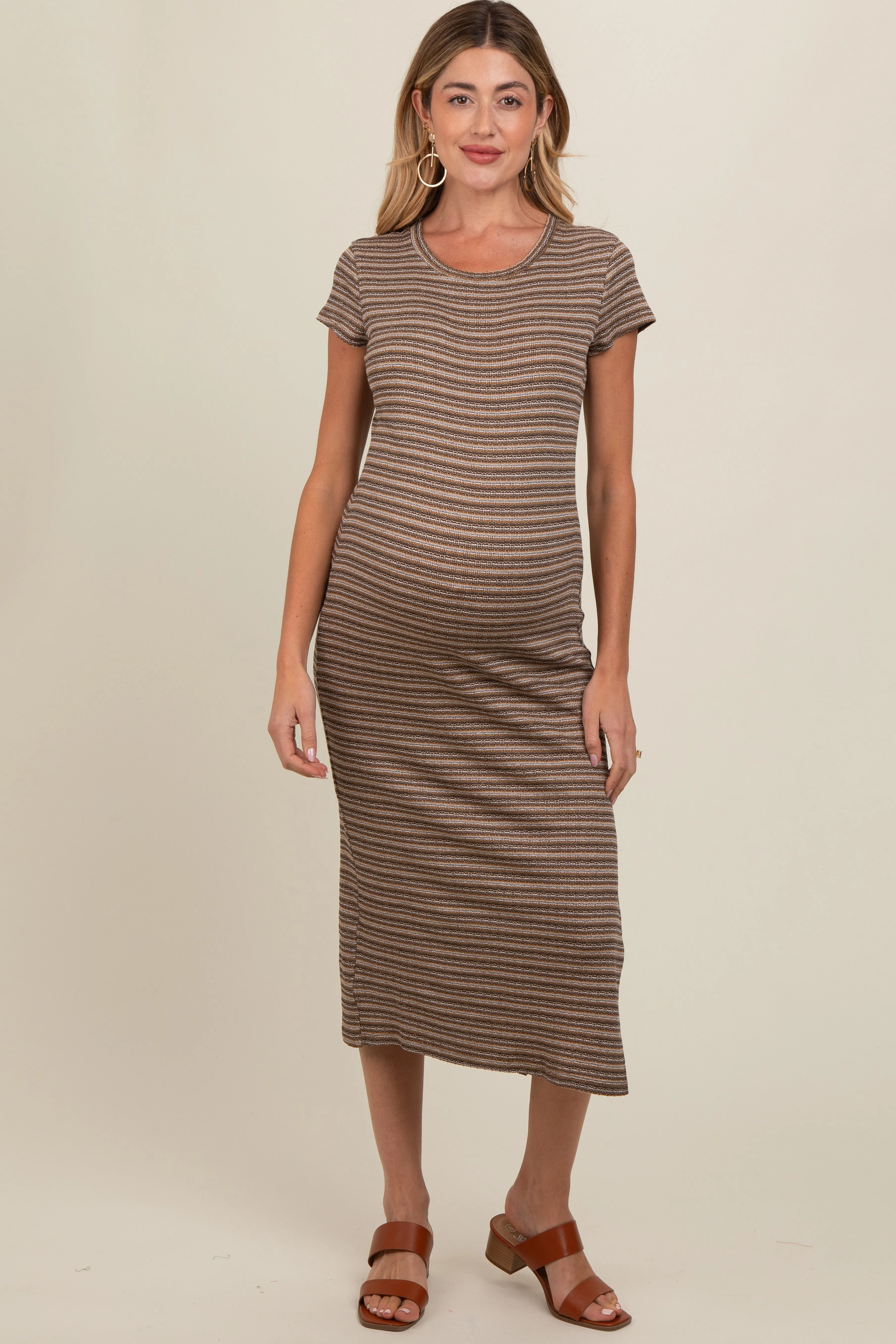 Brown Striped Side Slit Maternity Midi Dress sold by Pinkblush product image thumbnail 2