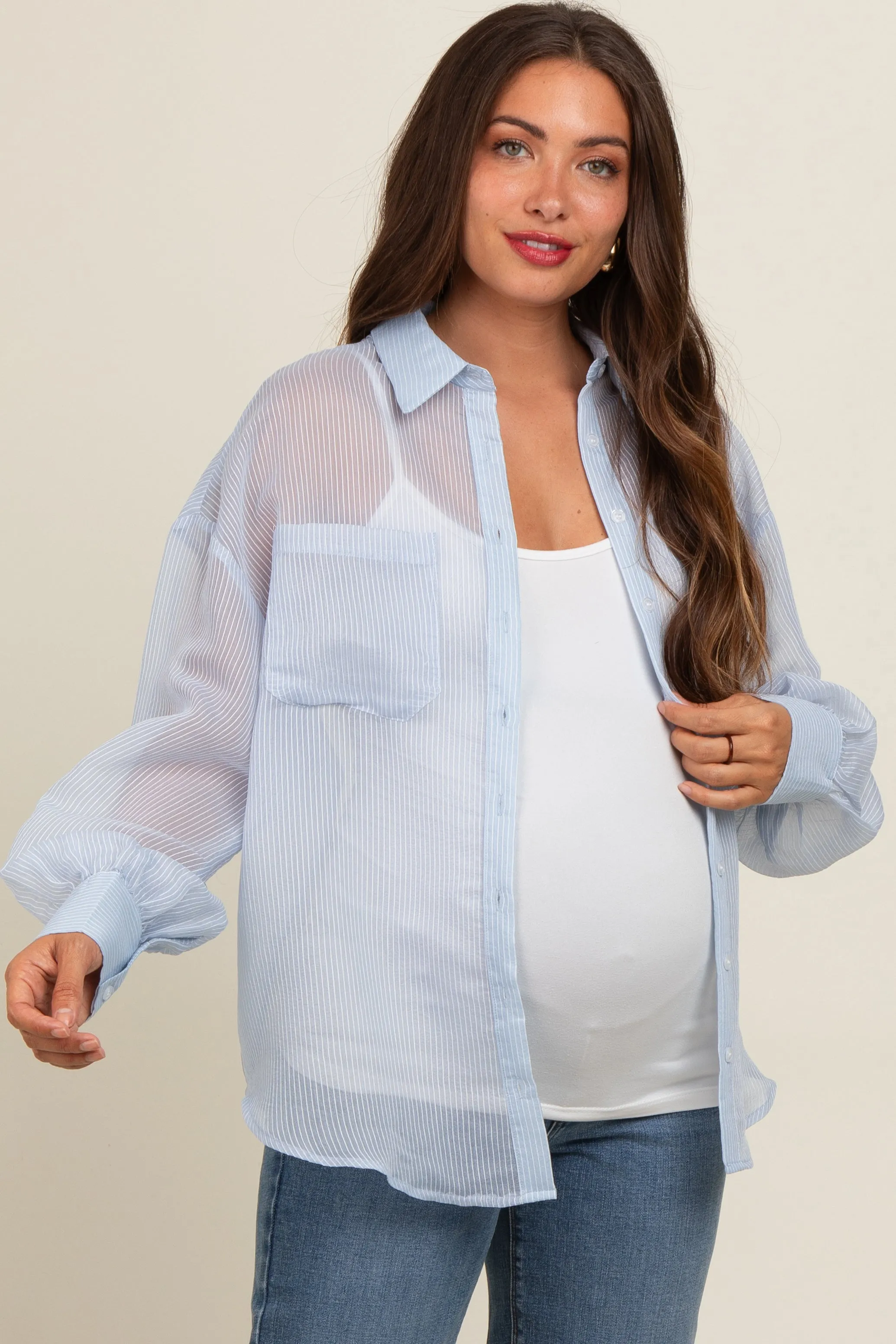 Light Blue Sheer Striped Maternity Button Down Blouse sold by Pinkblush product image thumbnail 2