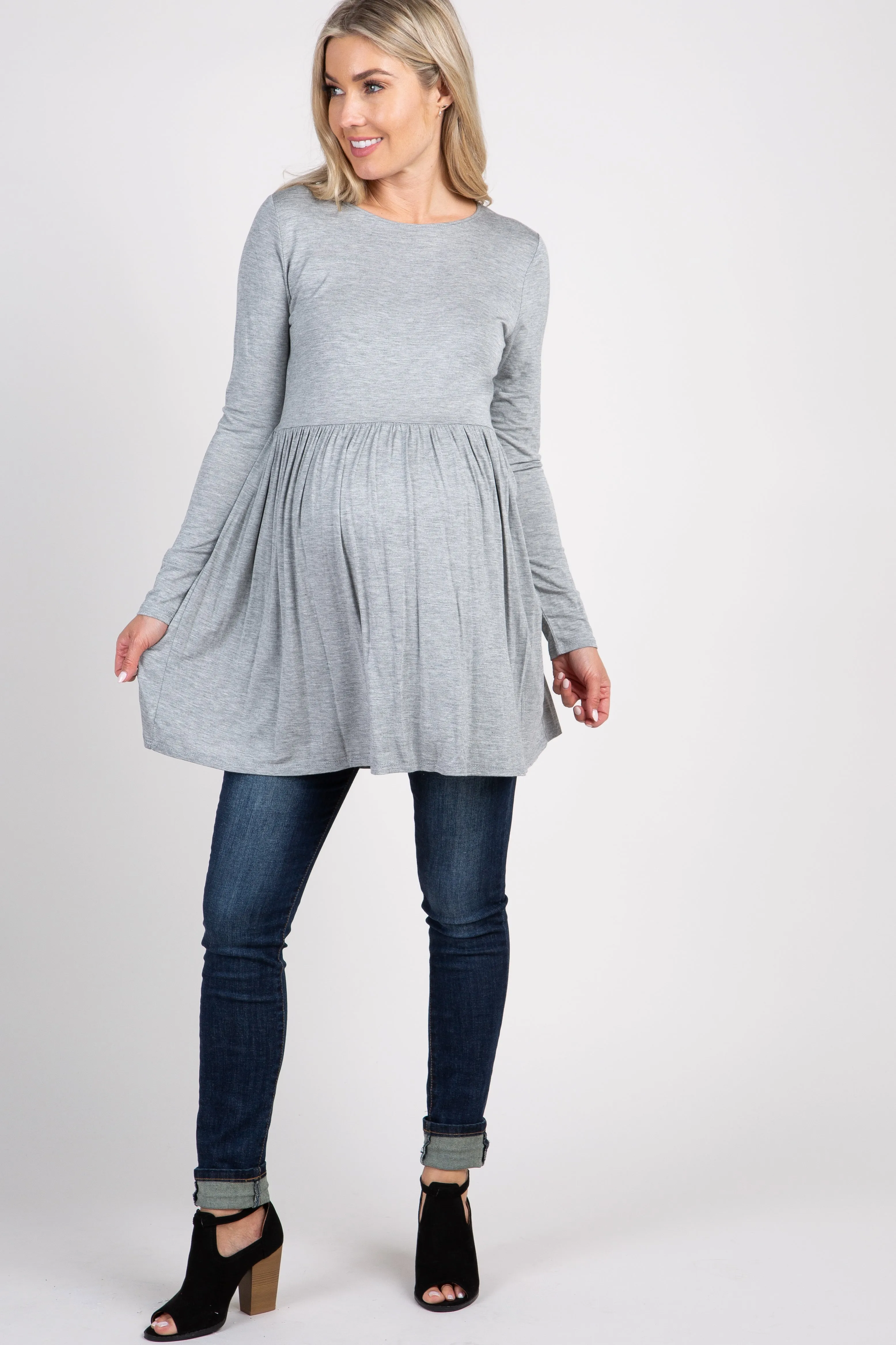Heather Grey Solid Long Sleeve Peplum Maternity Top sold by Pinkblush