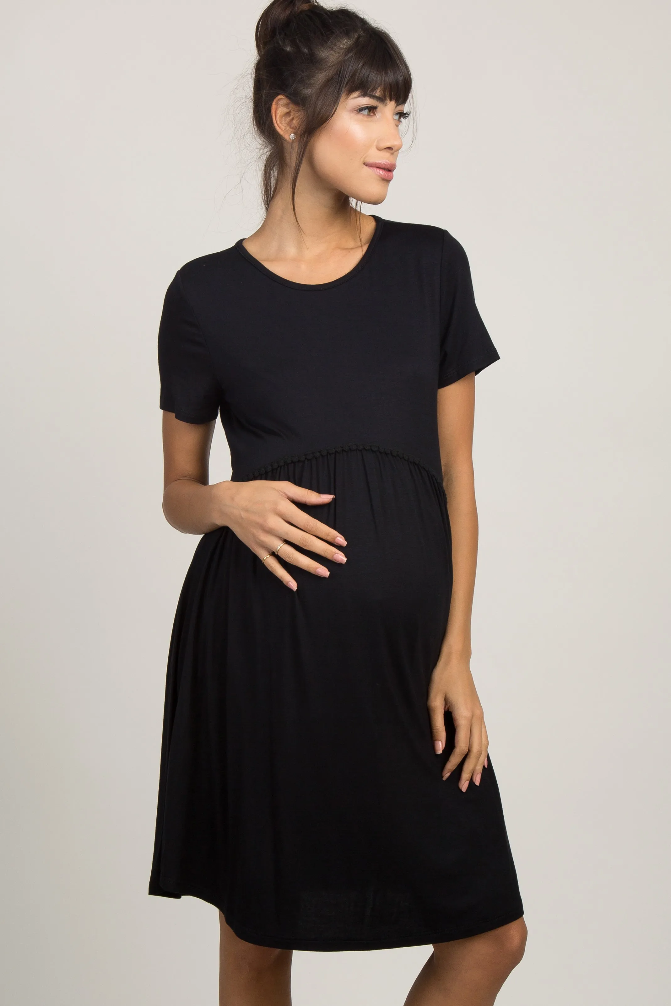 PinkBlush Black Solid Crochet Trim Maternity Shift Dress sold by Pinkblush product image thumbnail 2