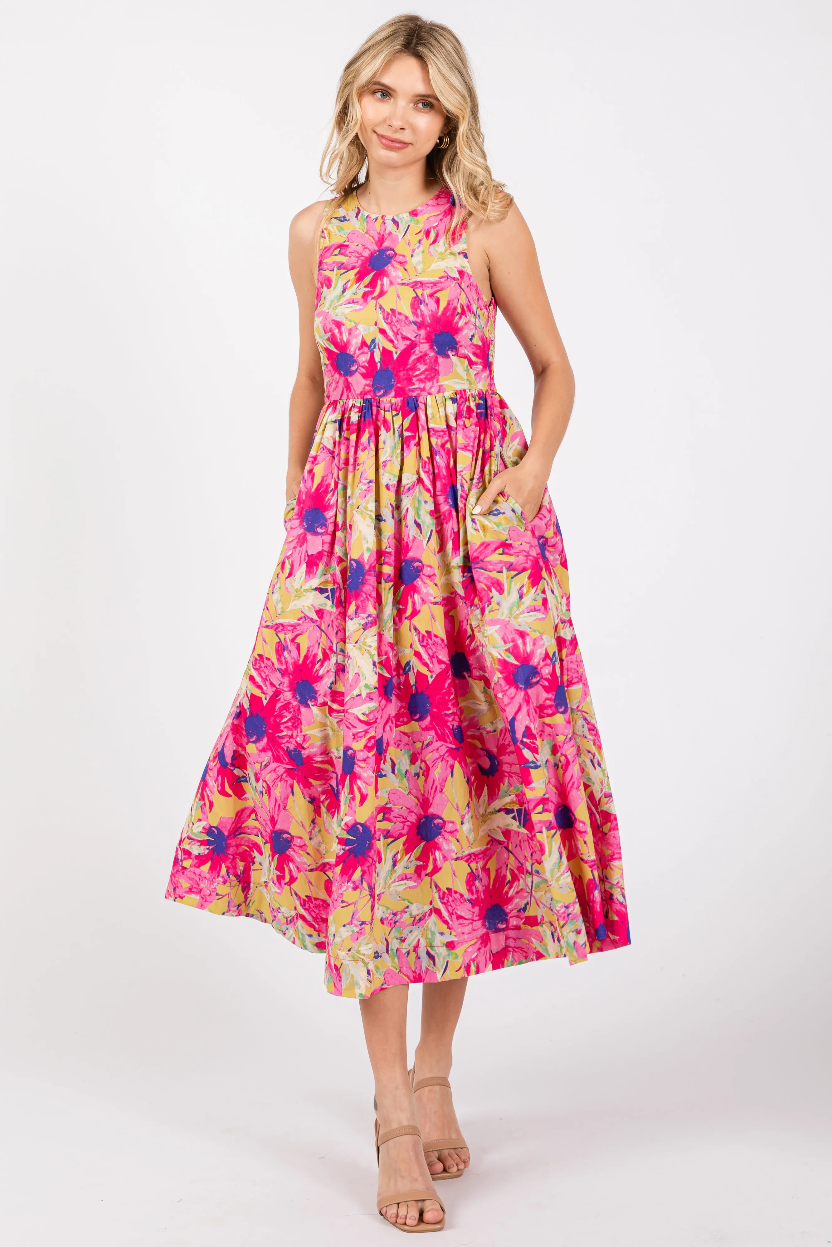 Pink Floral Sleeveless Smocked Back A-Line Maternity Midi Dress sold by Pinkblush product image thumbnail 4