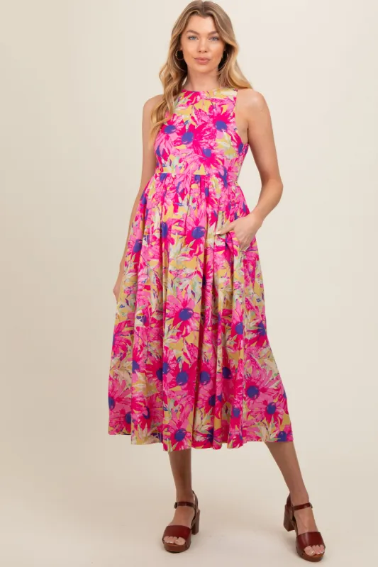 Pink Floral Sleeveless Smocked Back A-Line Maternity Midi Dress sold by Pinkblush