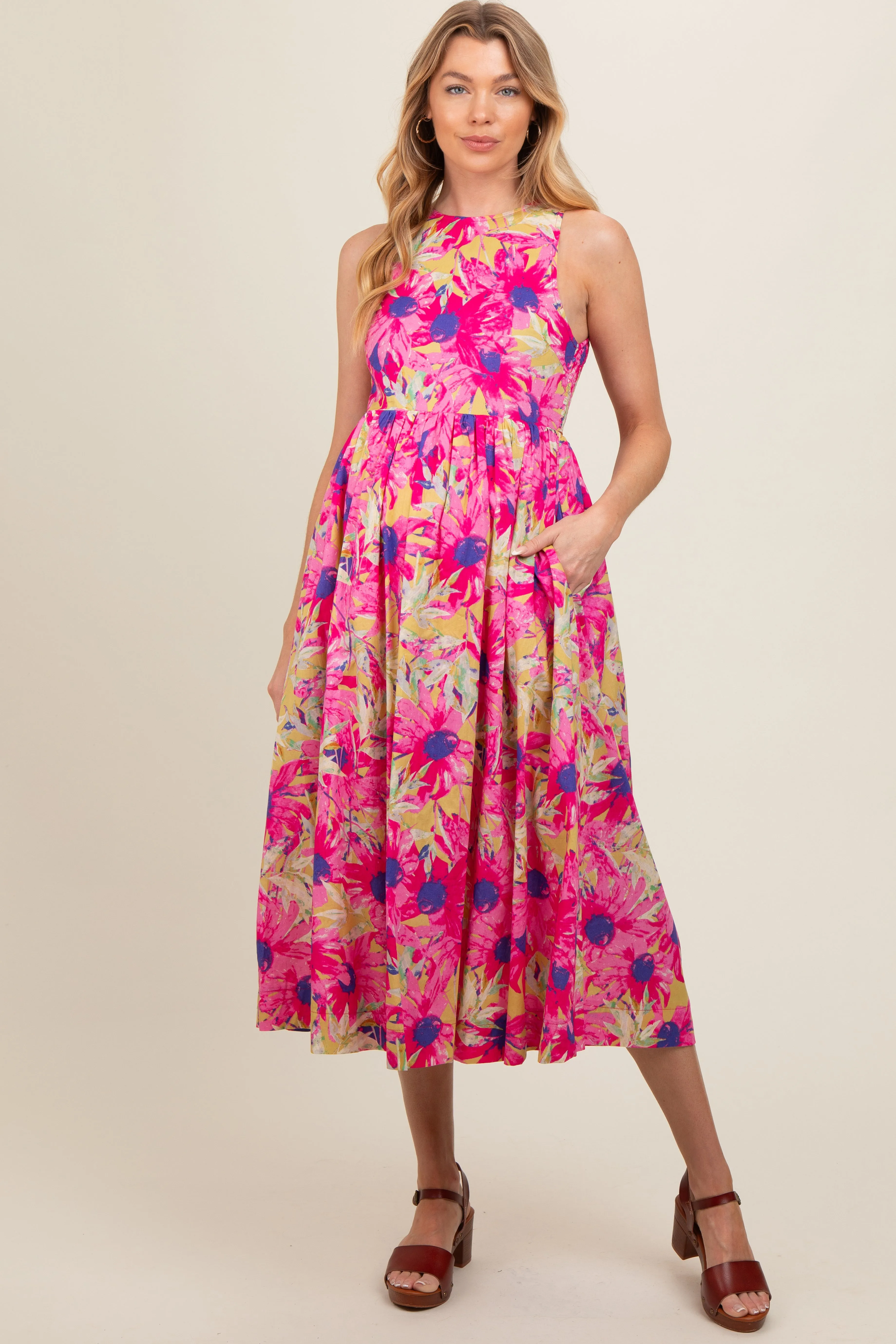 Pink Floral Sleeveless Smocked Back A-Line Maternity Midi Dress sold by Pinkblush