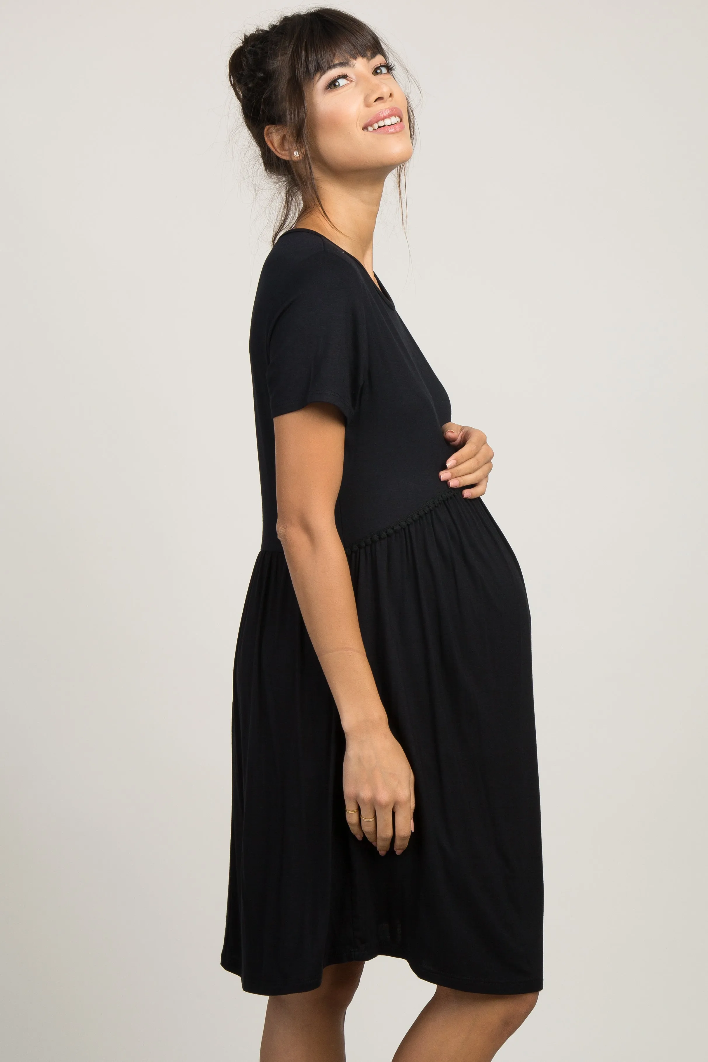 PinkBlush Black Solid Crochet Trim Maternity Shift Dress sold by Pinkblush product image thumbnail 3