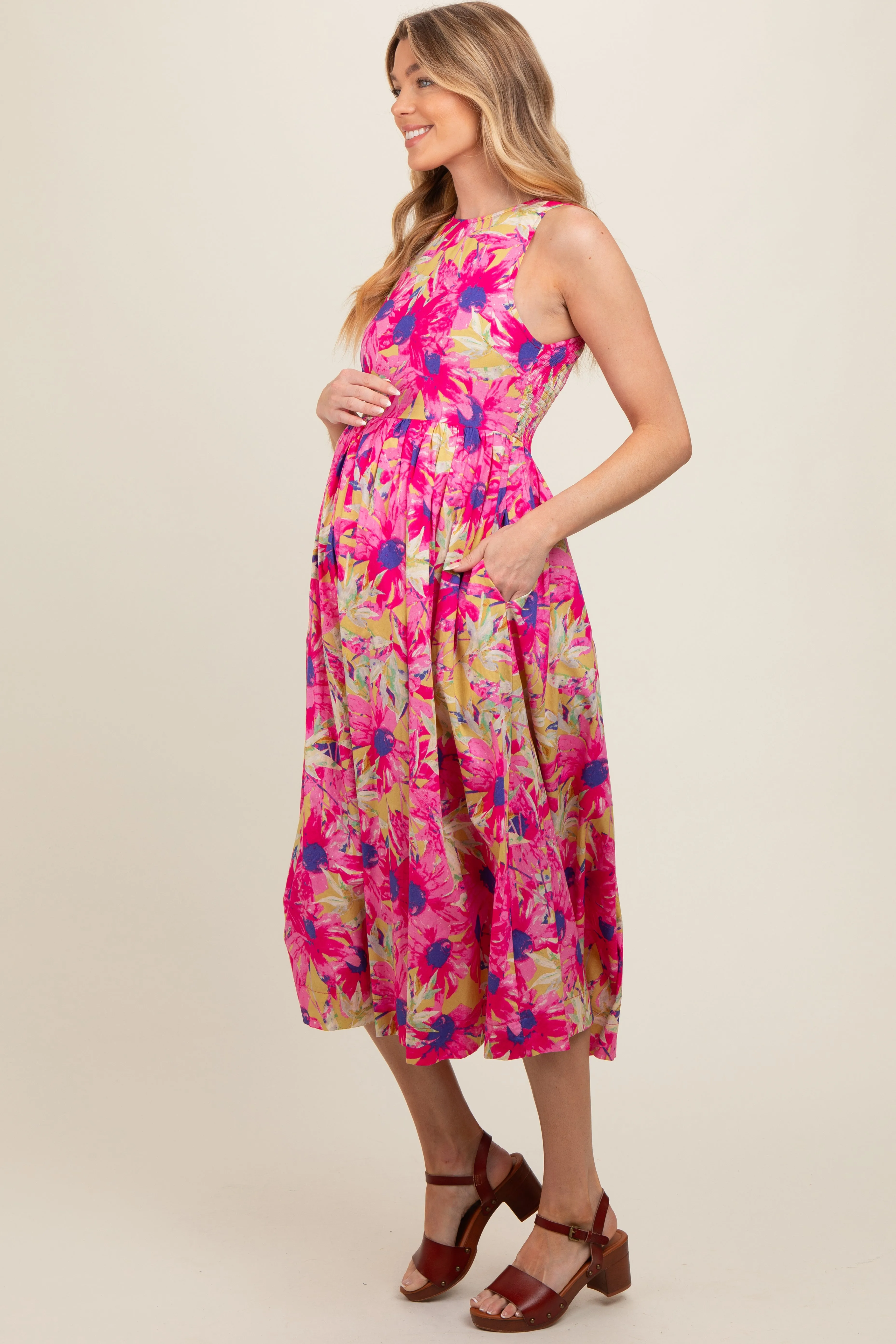 Pink Floral Sleeveless Smocked Back A-Line Maternity Midi Dress sold by Pinkblush product image thumbnail 2