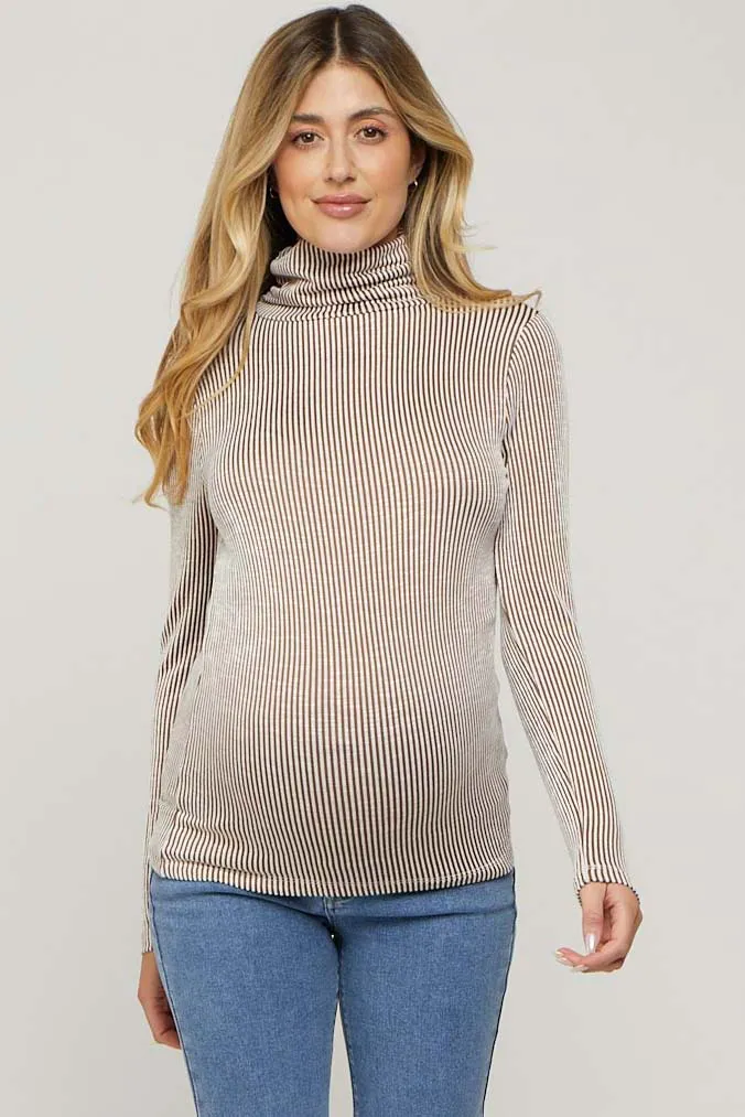 Camel Ribbed Maternity Turtleneck Top sold by Pinkblush