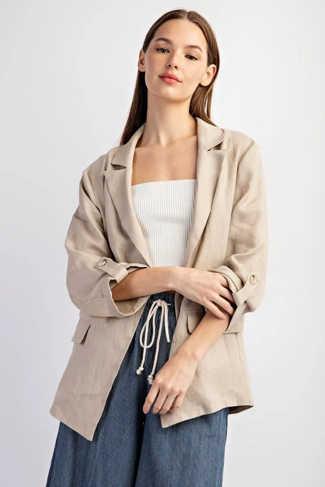 Beige Linen Rolled Cuff Blazer sold by Pinkblush