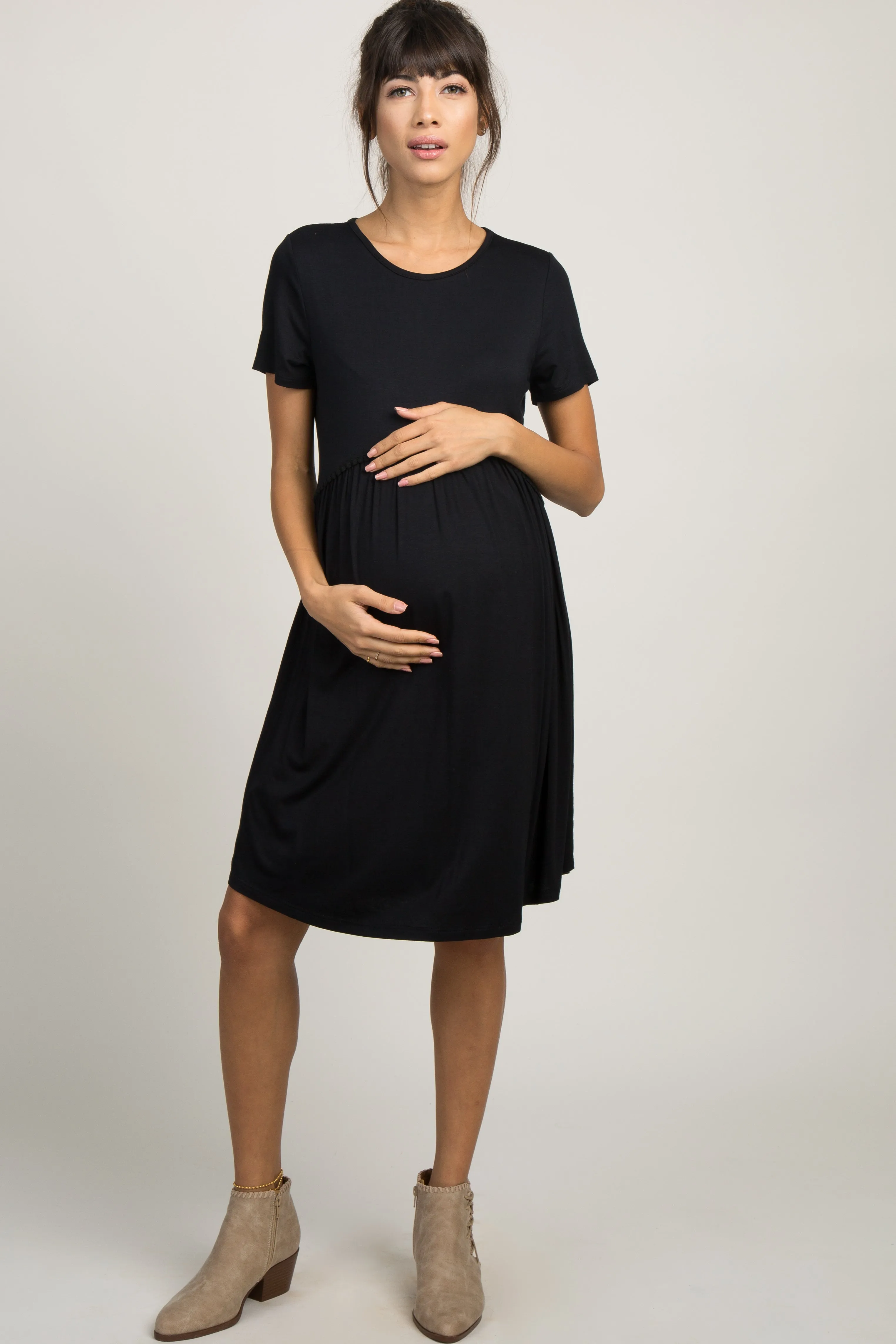 PinkBlush Black Solid Crochet Trim Maternity Shift Dress sold by Pinkblush