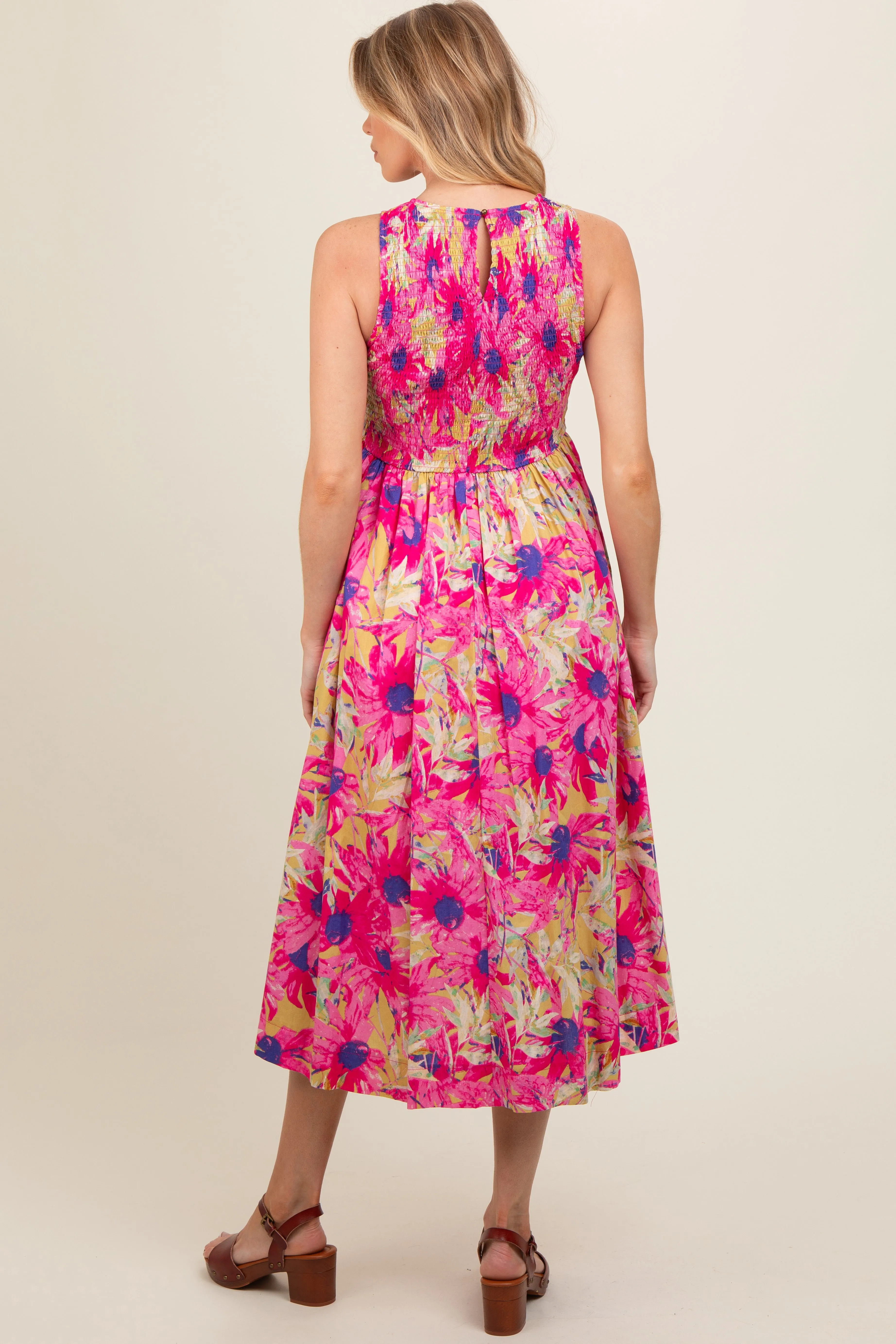 Pink Floral Sleeveless Smocked Back A-Line Maternity Midi Dress sold by Pinkblush product image thumbnail 3