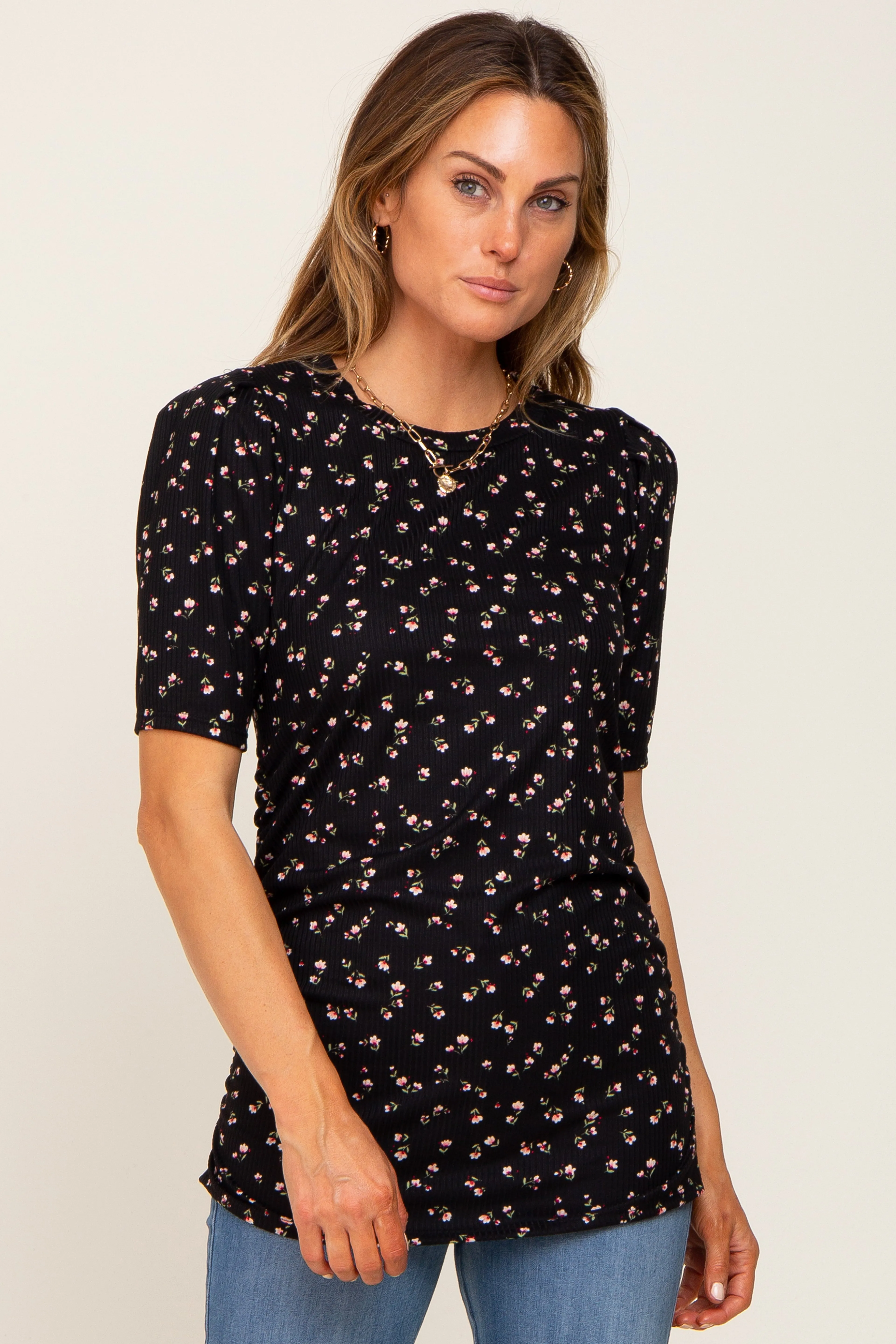 Black Floral Side Ruched Maternity Short Sleeve Top sold by Pinkblush product image thumbnail 5
