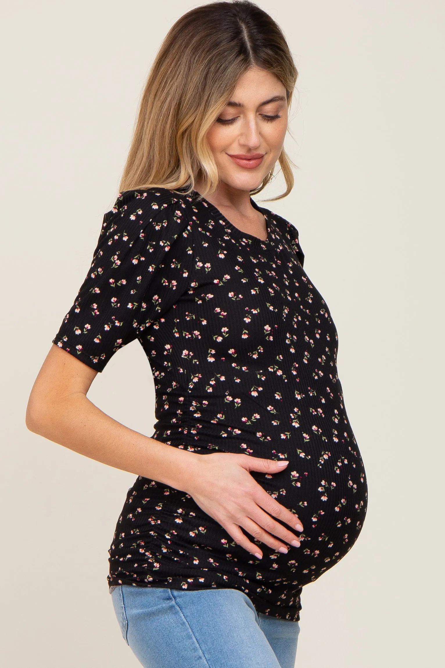 Black Floral Side Ruched Maternity Short Sleeve Top sold by Pinkblush product image thumbnail 2