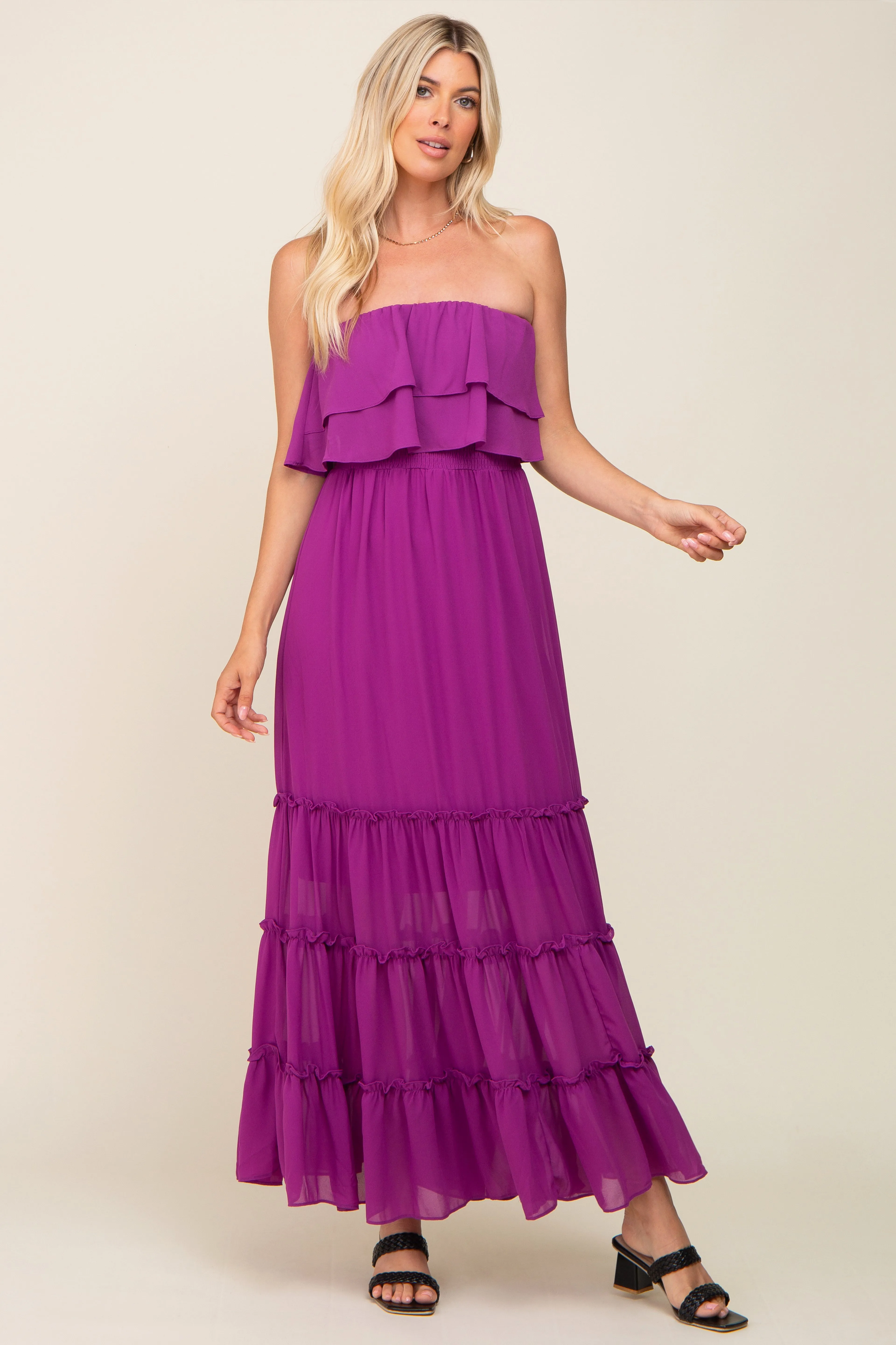 Purple Chiffon Strapless Ruffle Tiered Maxi Dress sold by Pinkblush
