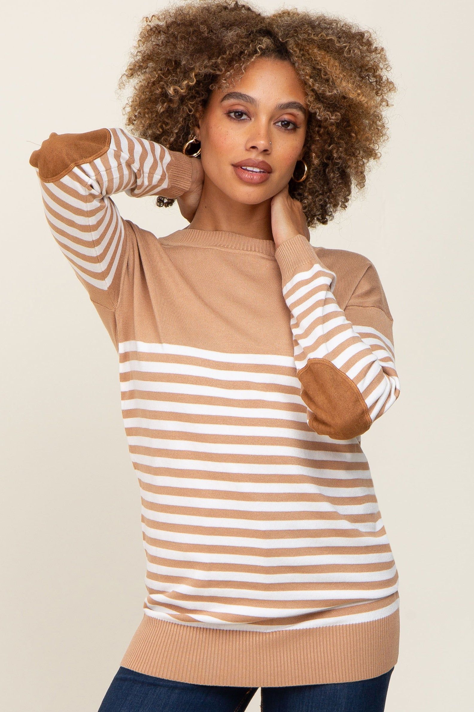PinkBlush Camel Striped Elbow Patch Knit Maternity Sweater sold by Pinkblush product image thumbnail 5