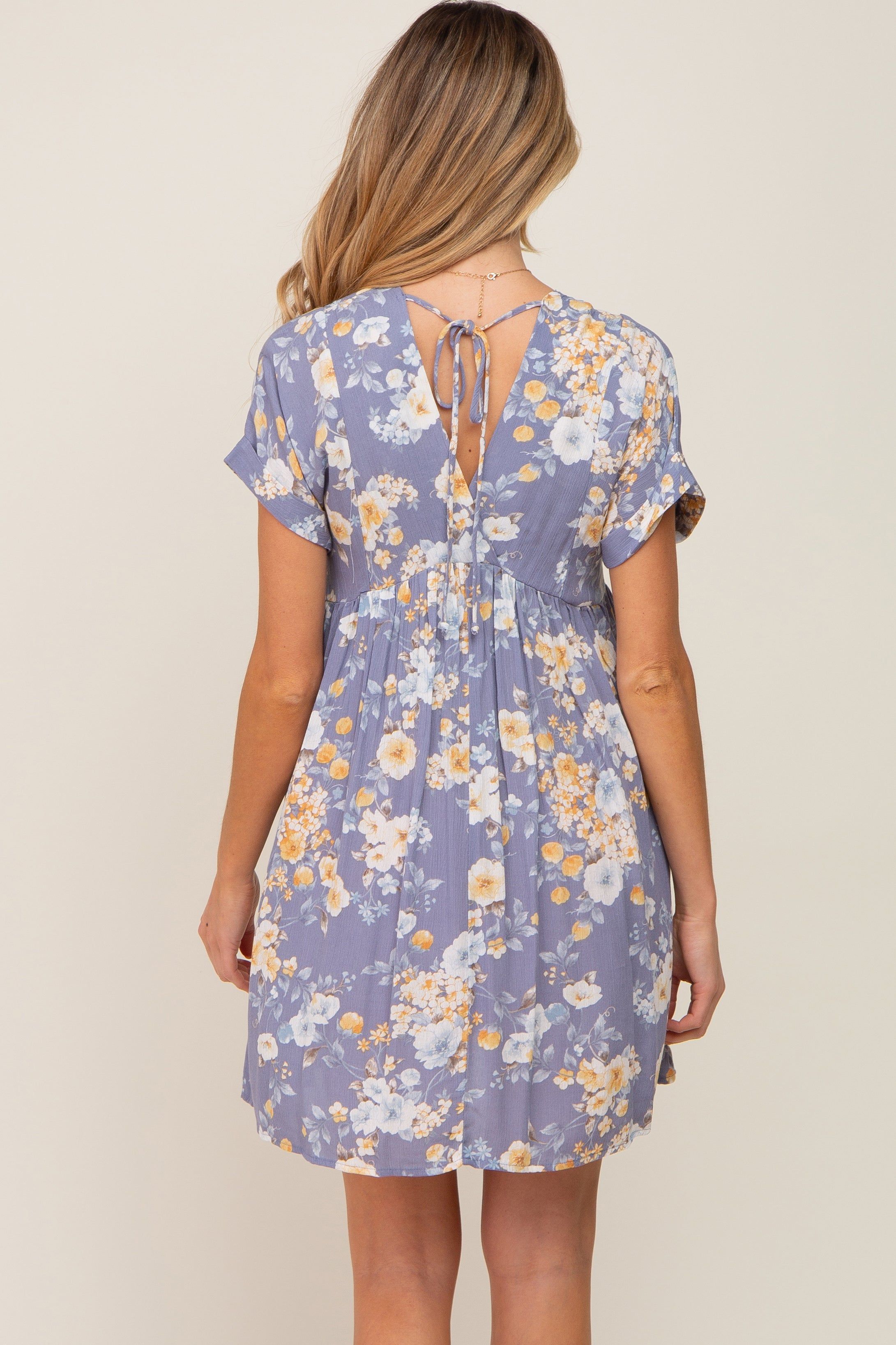 Blue Floral V-Neck Short Sleeve Maternity Dress sold by Pinkblush product image thumbnail 3