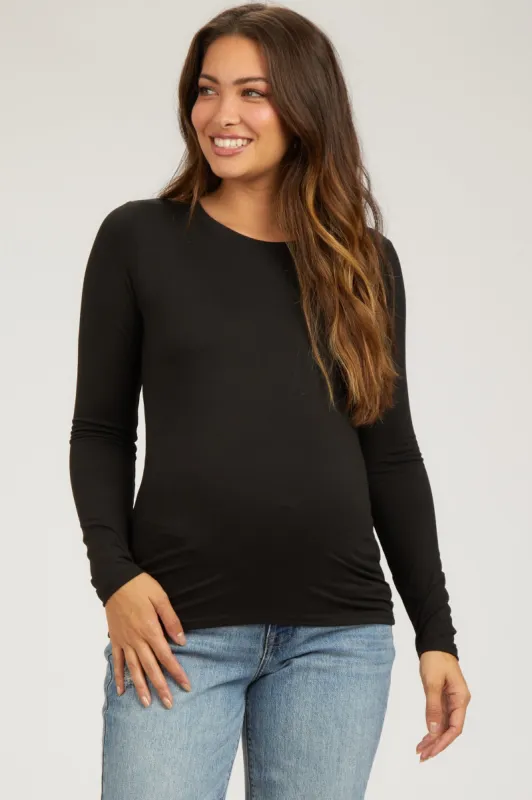 Black Knit Long Sleeve Round Hem Maternity Top sold by Pinkblush