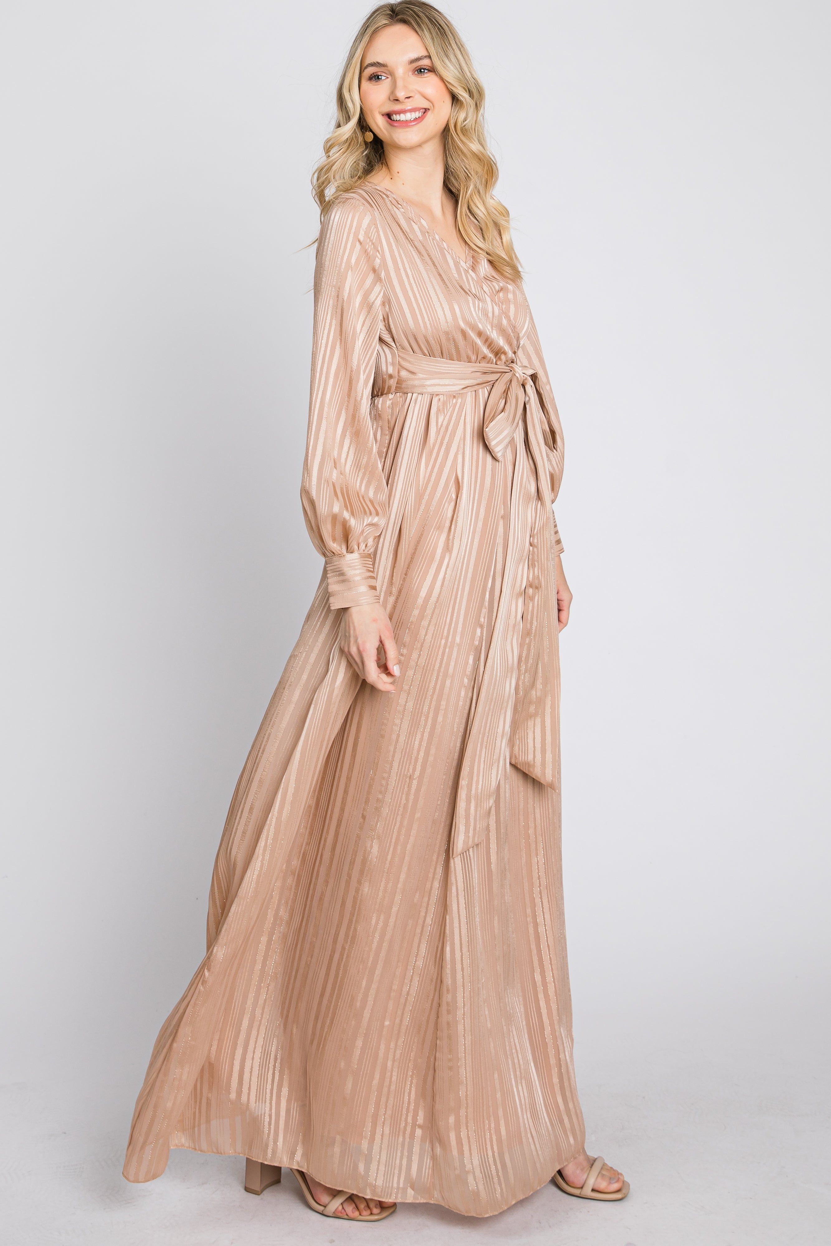 Taupe Striped Shimmer Chiffon Maternity Maxi Dress sold by Pinkblush product image thumbnail 4