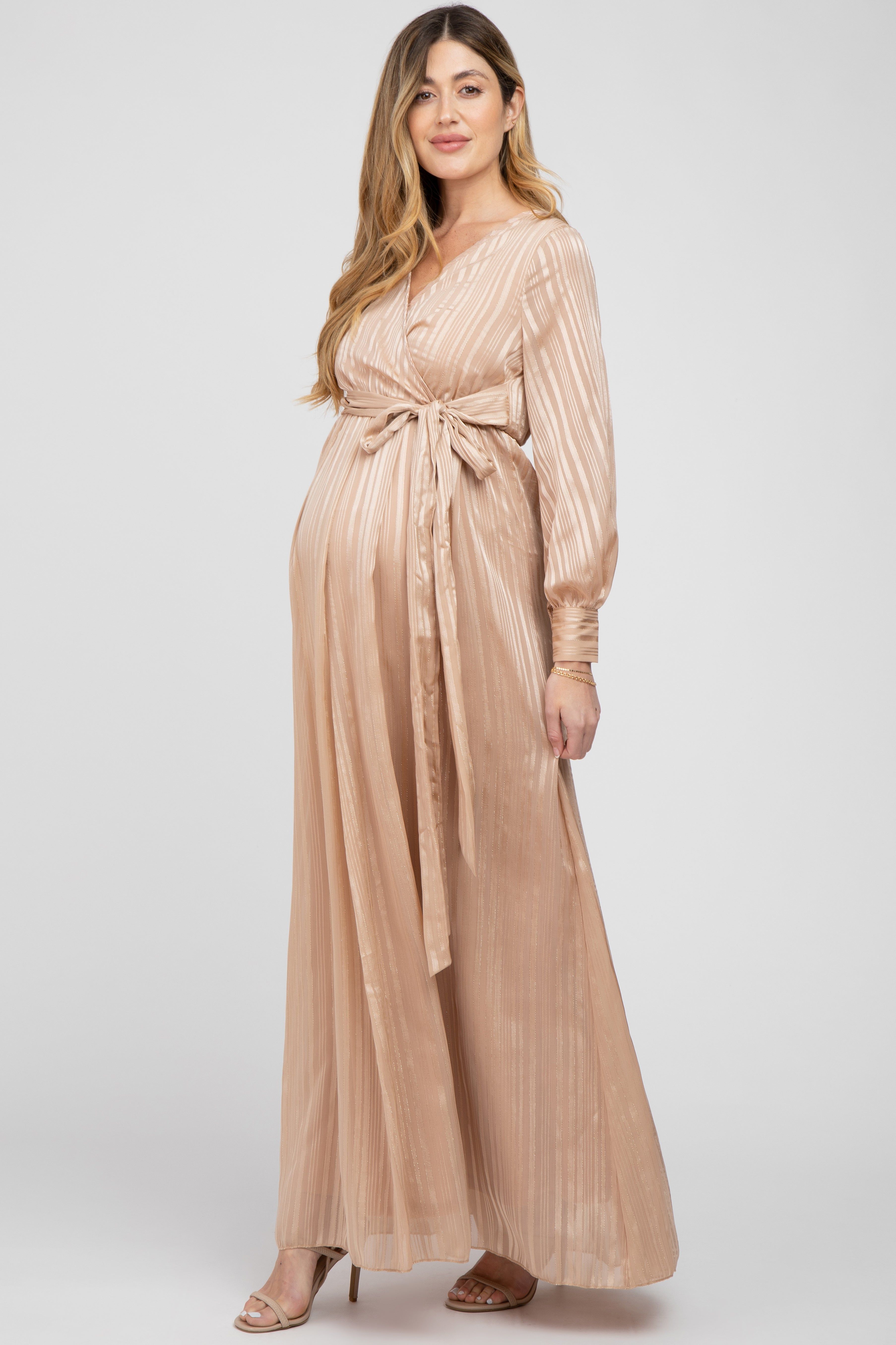 Taupe Striped Shimmer Chiffon Maternity Maxi Dress sold by Pinkblush