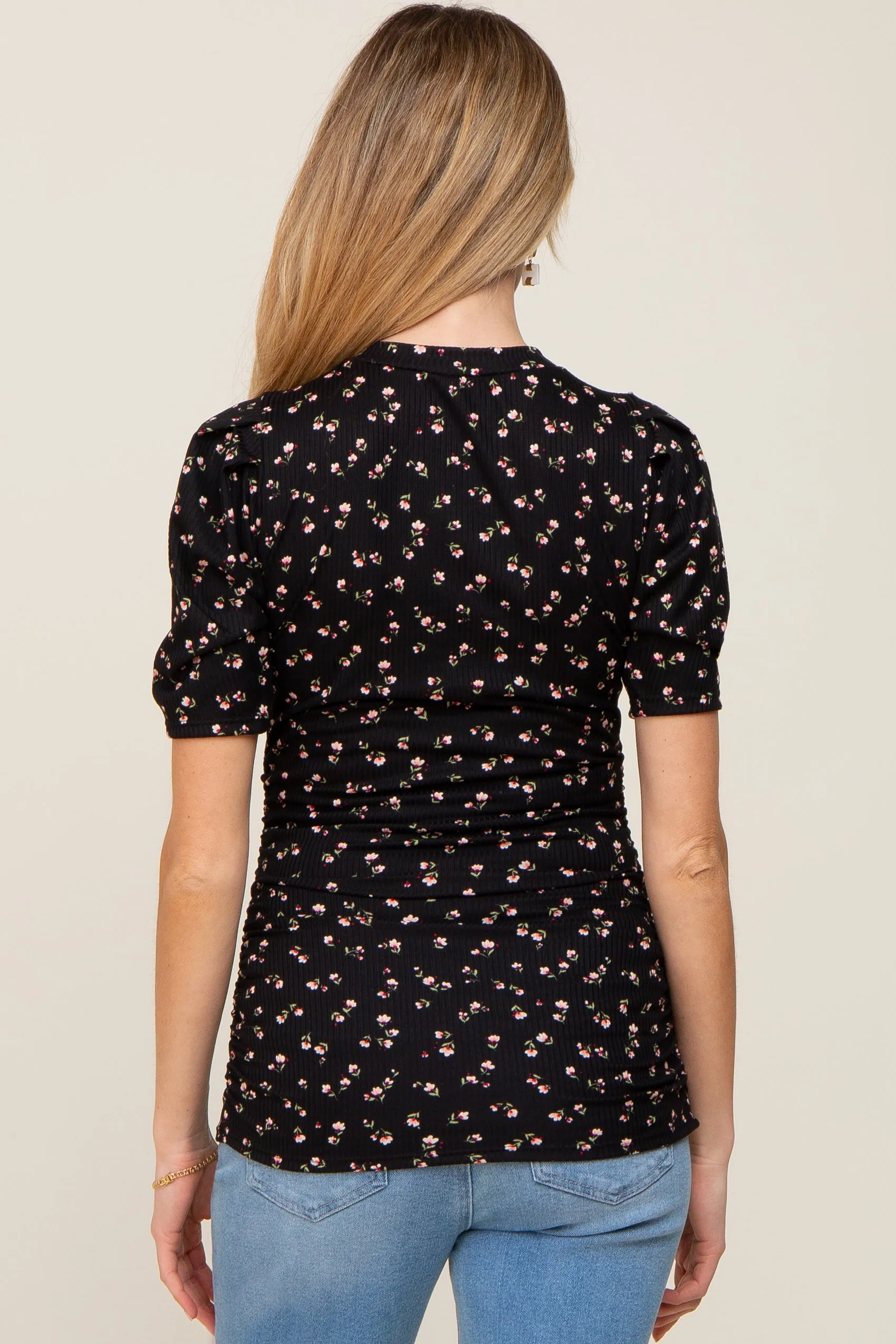 Black Floral Side Ruched Maternity Short Sleeve Top sold by Pinkblush product image thumbnail 3