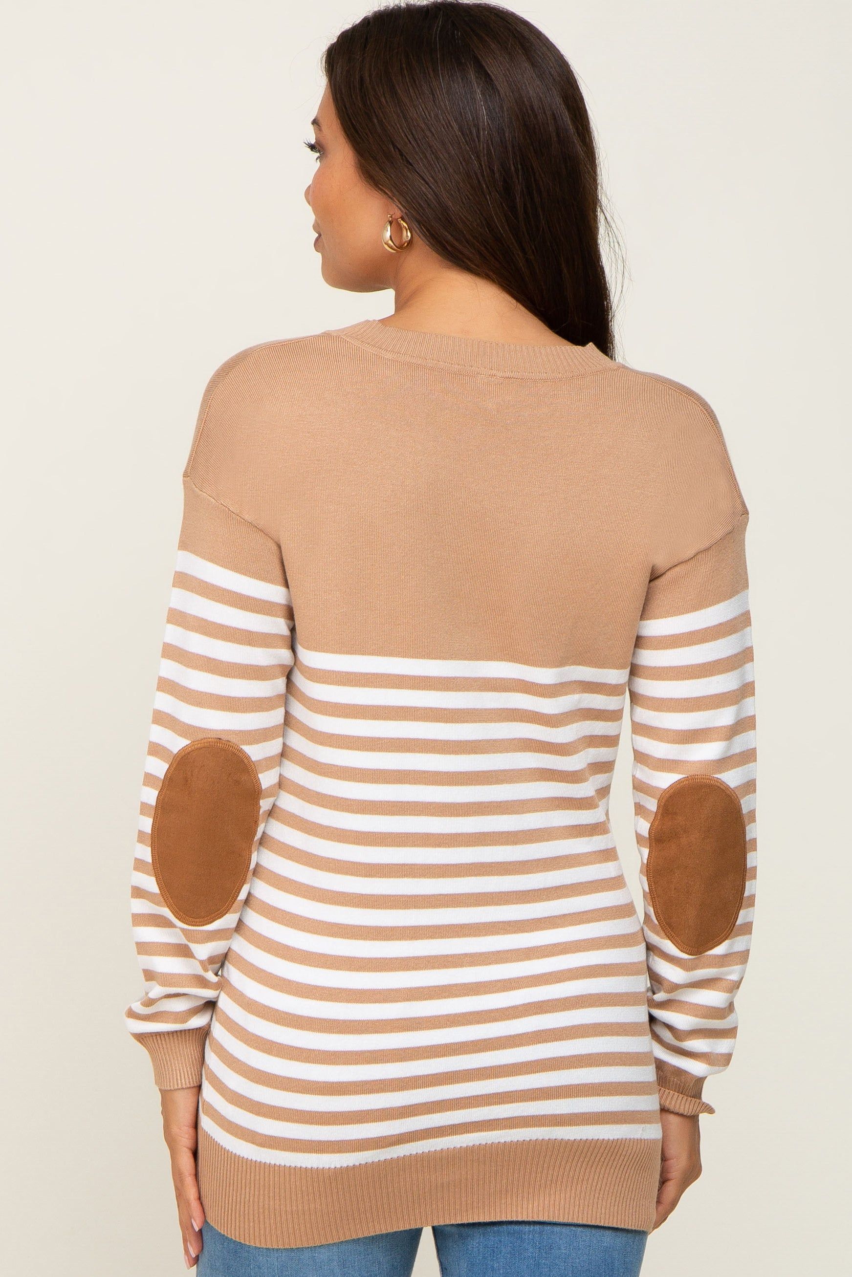 PinkBlush Camel Striped Elbow Patch Knit Maternity Sweater sold by Pinkblush product image thumbnail 3