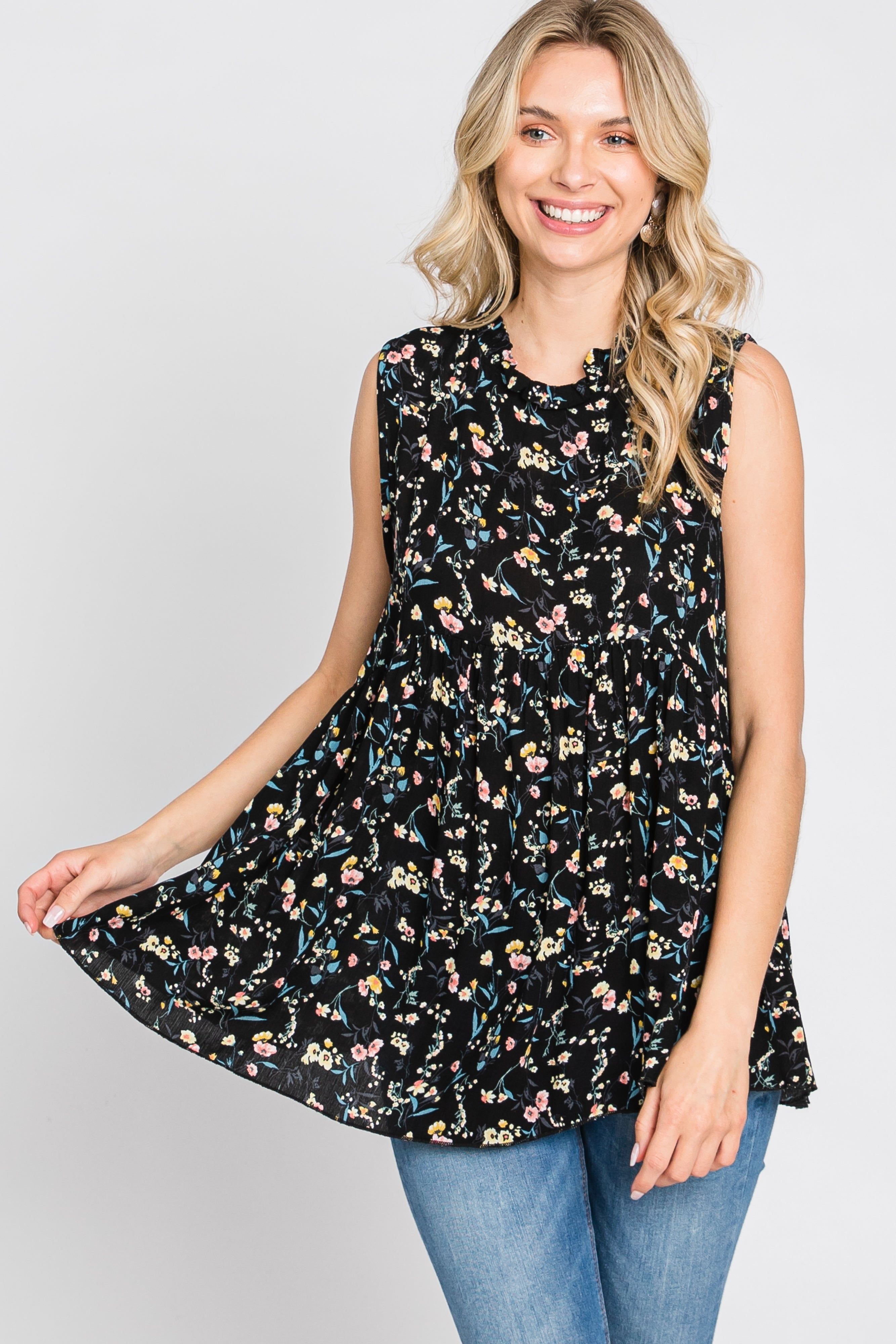 Black Floral Sleeveless Babydoll Top sold by Pinkblush product image thumbnail 3