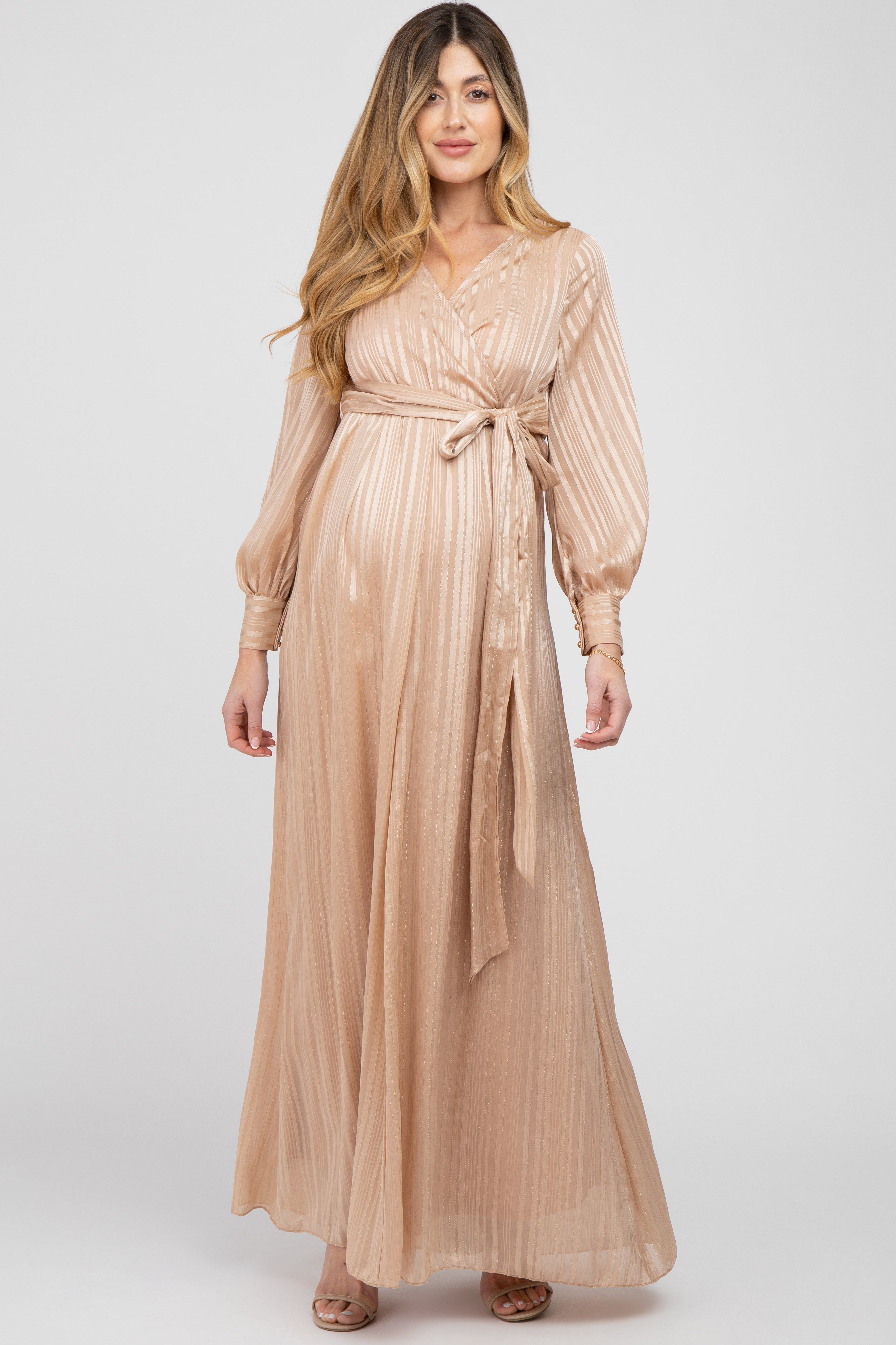 Taupe Striped Shimmer Chiffon Maternity Maxi Dress sold by Pinkblush product image thumbnail 2