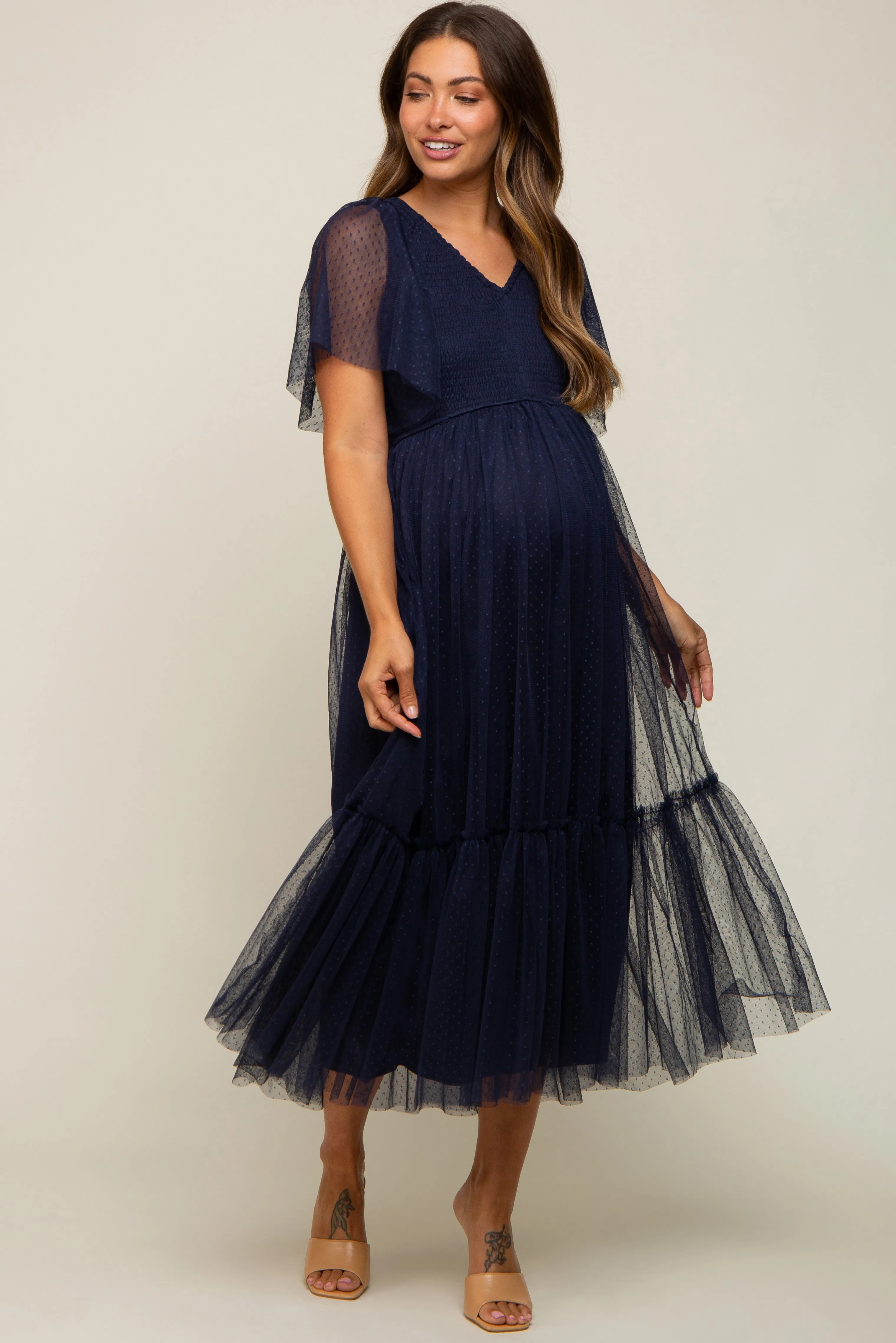 Navy Blue Dotted Tulle Smocked Maternity Midi Dress sold by Pinkblush product image thumbnail 2