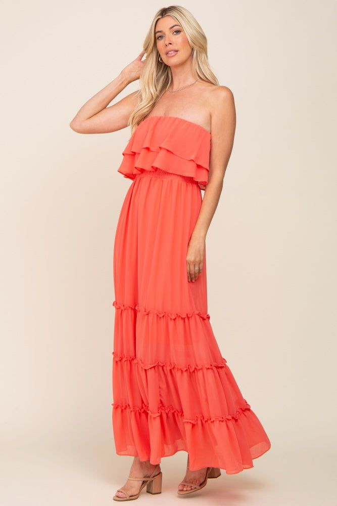 Coral Chiffon Strapless Ruffle Tiered Maxi Dress sold by Pinkblush product image thumbnail 4