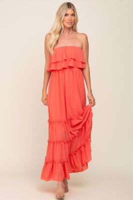 Coral Chiffon Strapless Ruffle Tiered Maxi Dress sold by Pinkblush