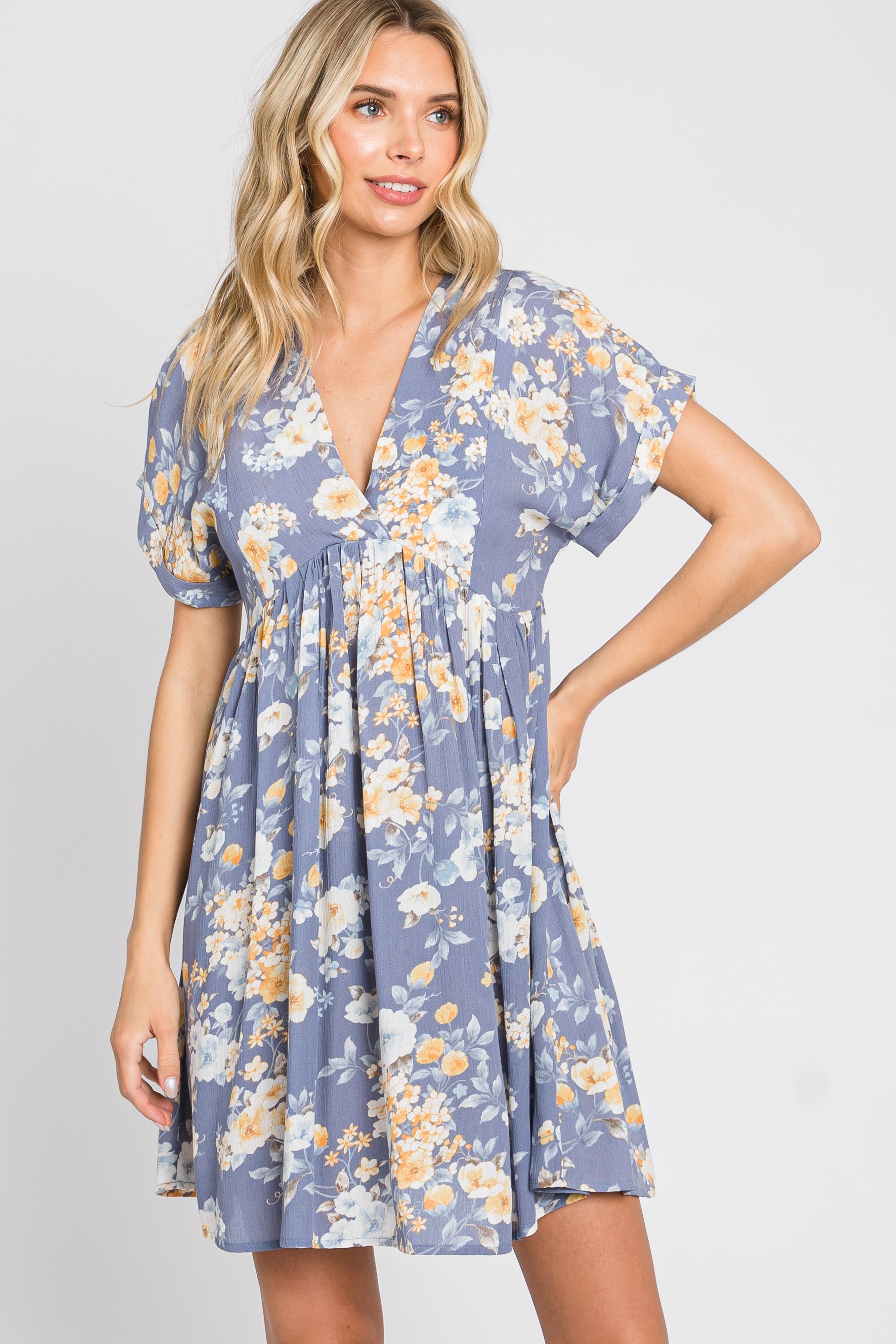 Blue Floral V-Neck Short Sleeve Maternity Dress sold by Pinkblush product image thumbnail 5
