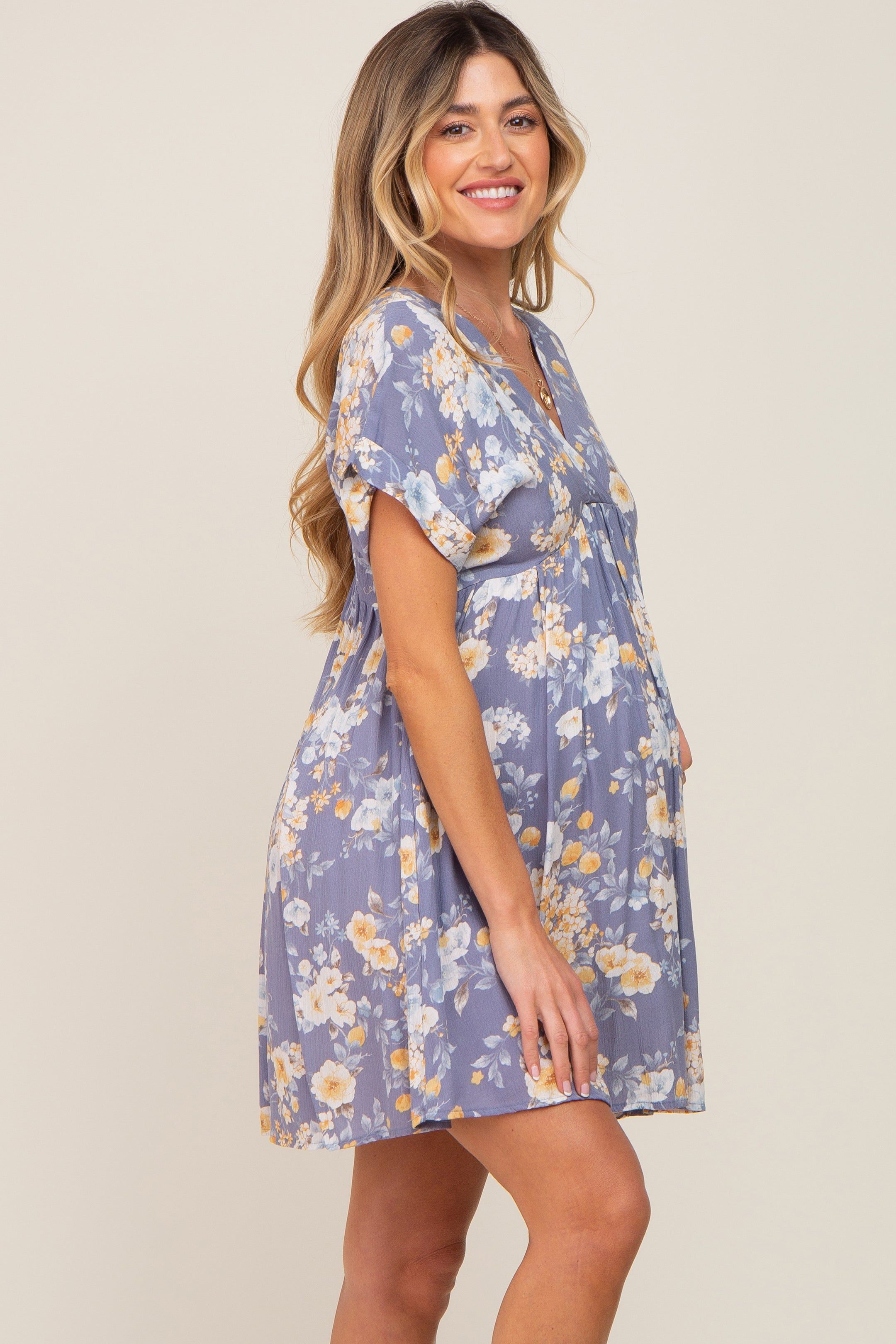 Blue Floral V-Neck Short Sleeve Maternity Dress sold by Pinkblush product image thumbnail 2