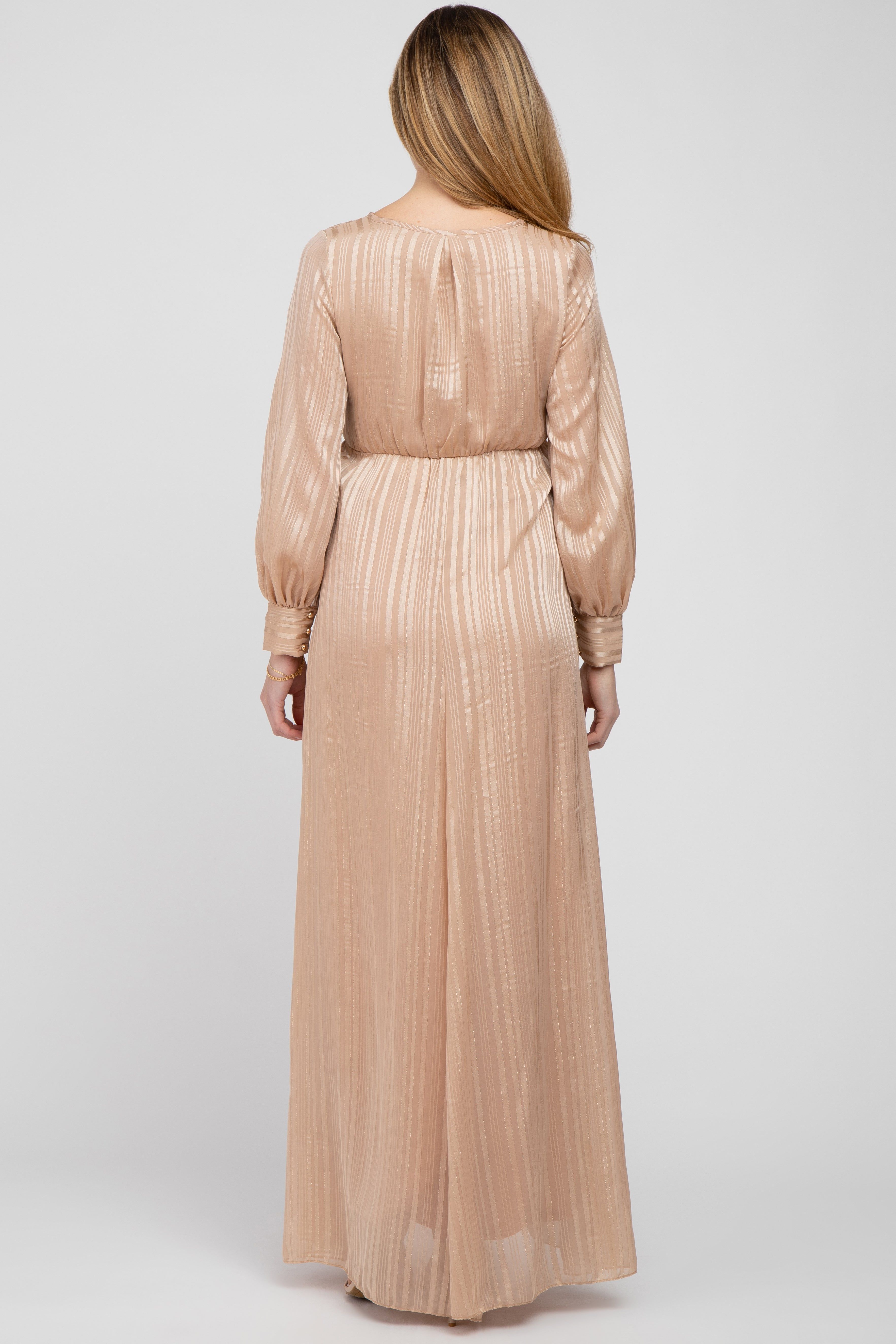 Taupe Striped Shimmer Chiffon Maternity Maxi Dress sold by Pinkblush product image thumbnail 3