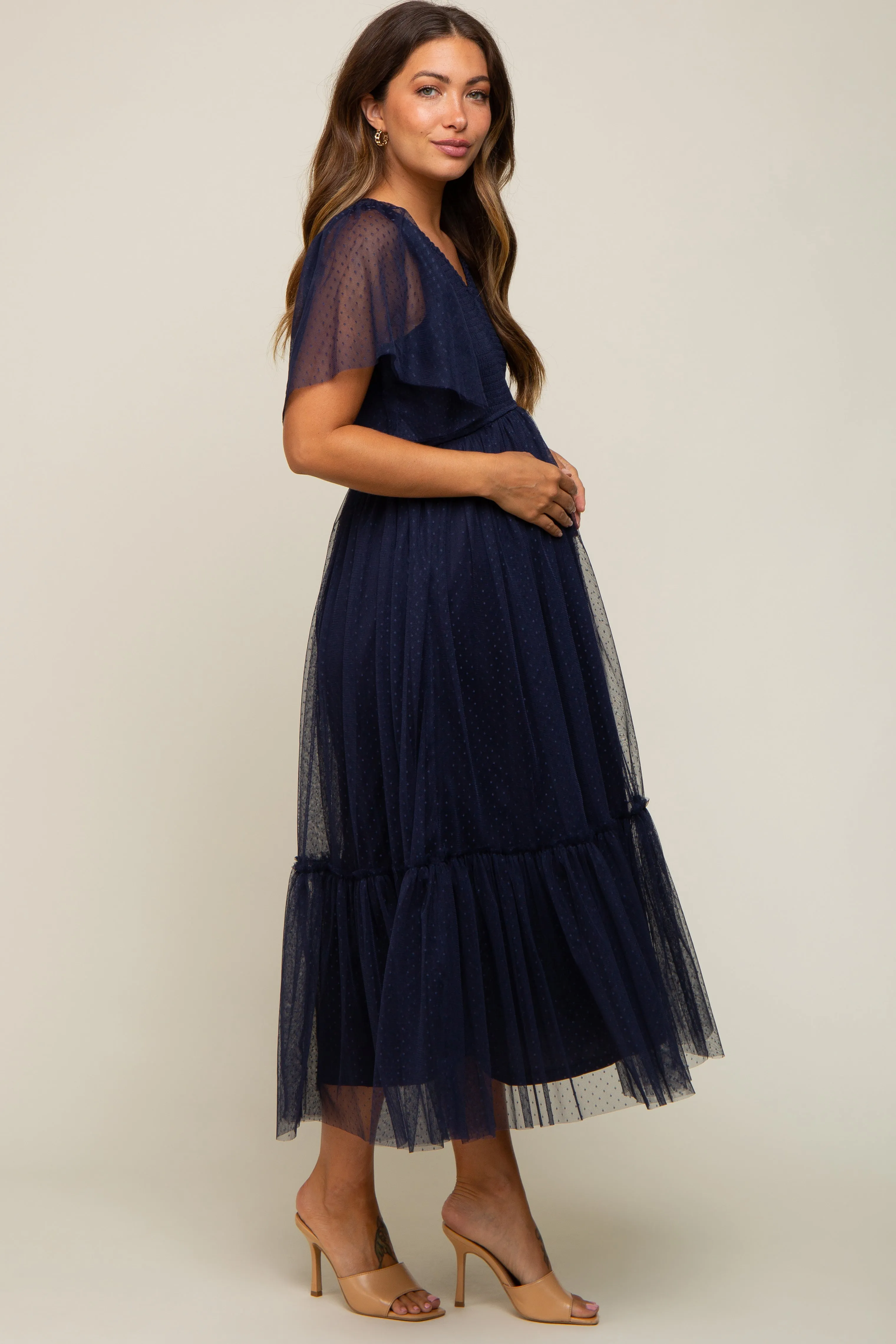 Navy Blue Dotted Tulle Smocked Maternity Midi Dress sold by Pinkblush product image thumbnail 3