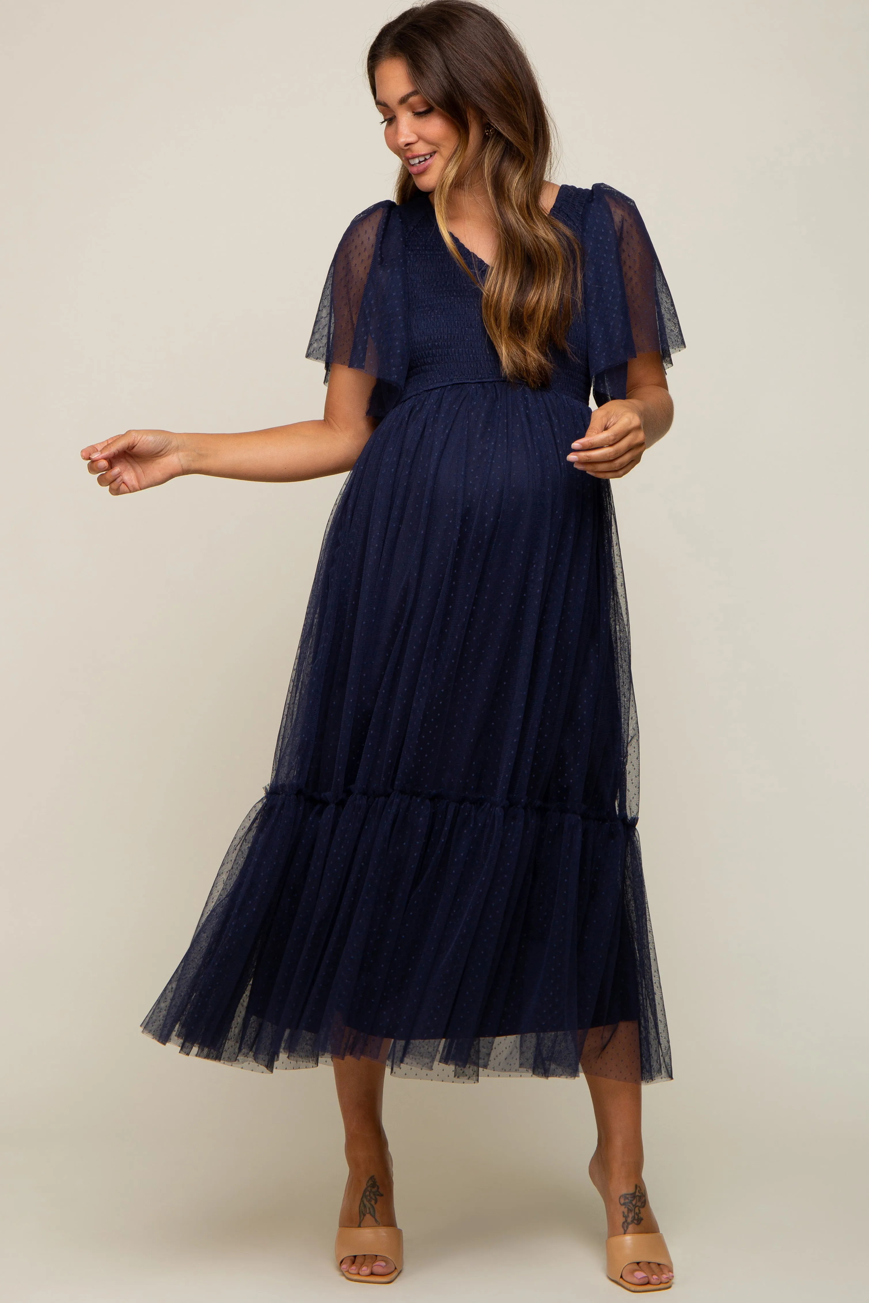 Navy Blue Dotted Tulle Smocked Maternity Midi Dress sold by Pinkblush