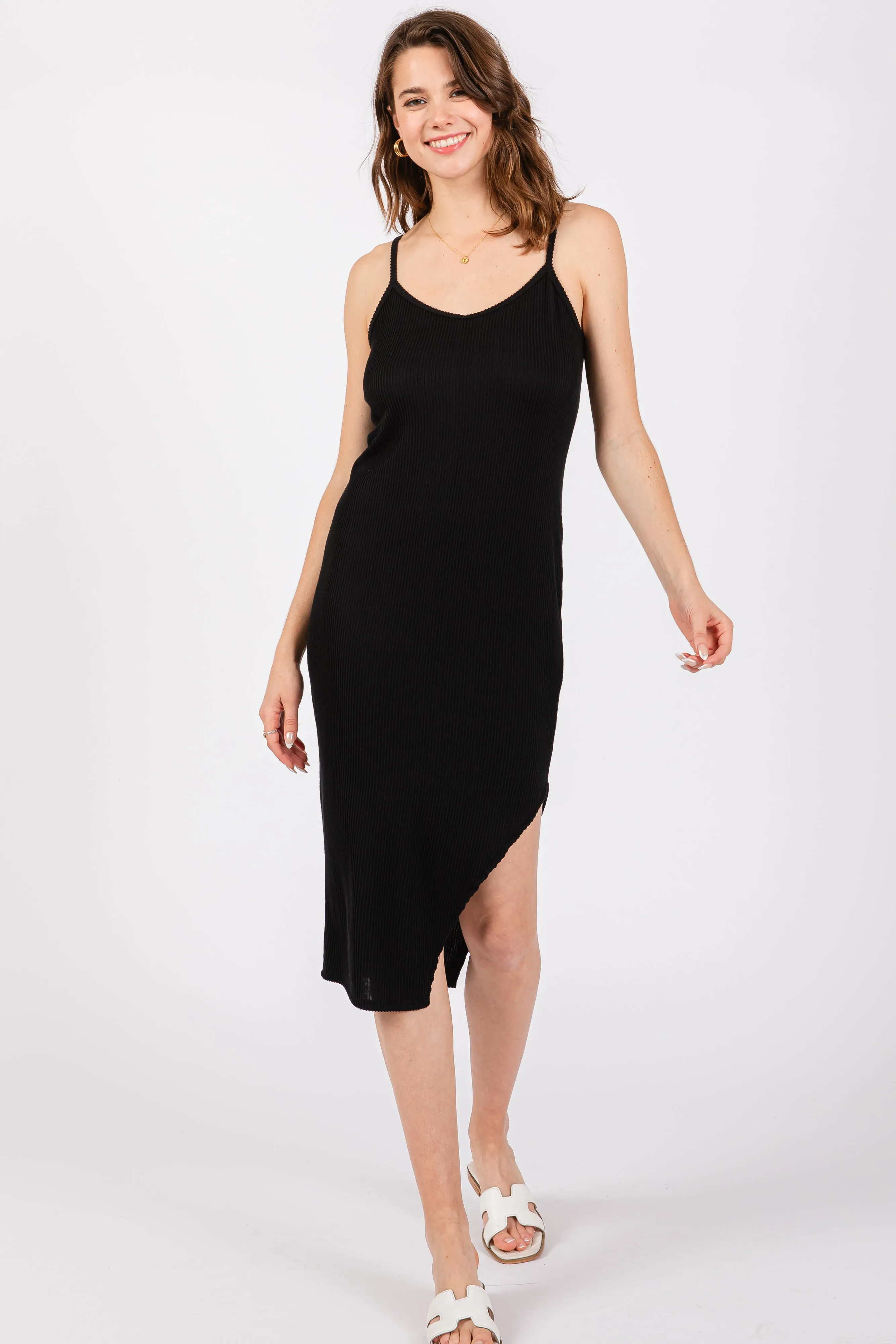 Black Ribbed Side Slit Sleeveless Midi Dress sold by Pinkblush