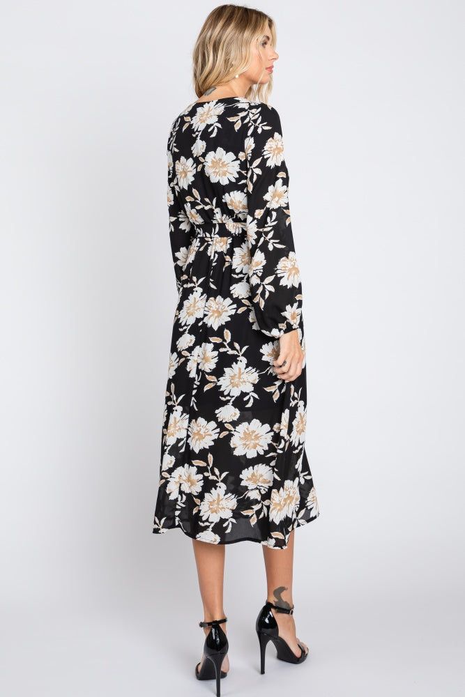 Black Floral Wrap Front Waist Tie Midi Dress sold by Pinkblush product image thumbnail 3