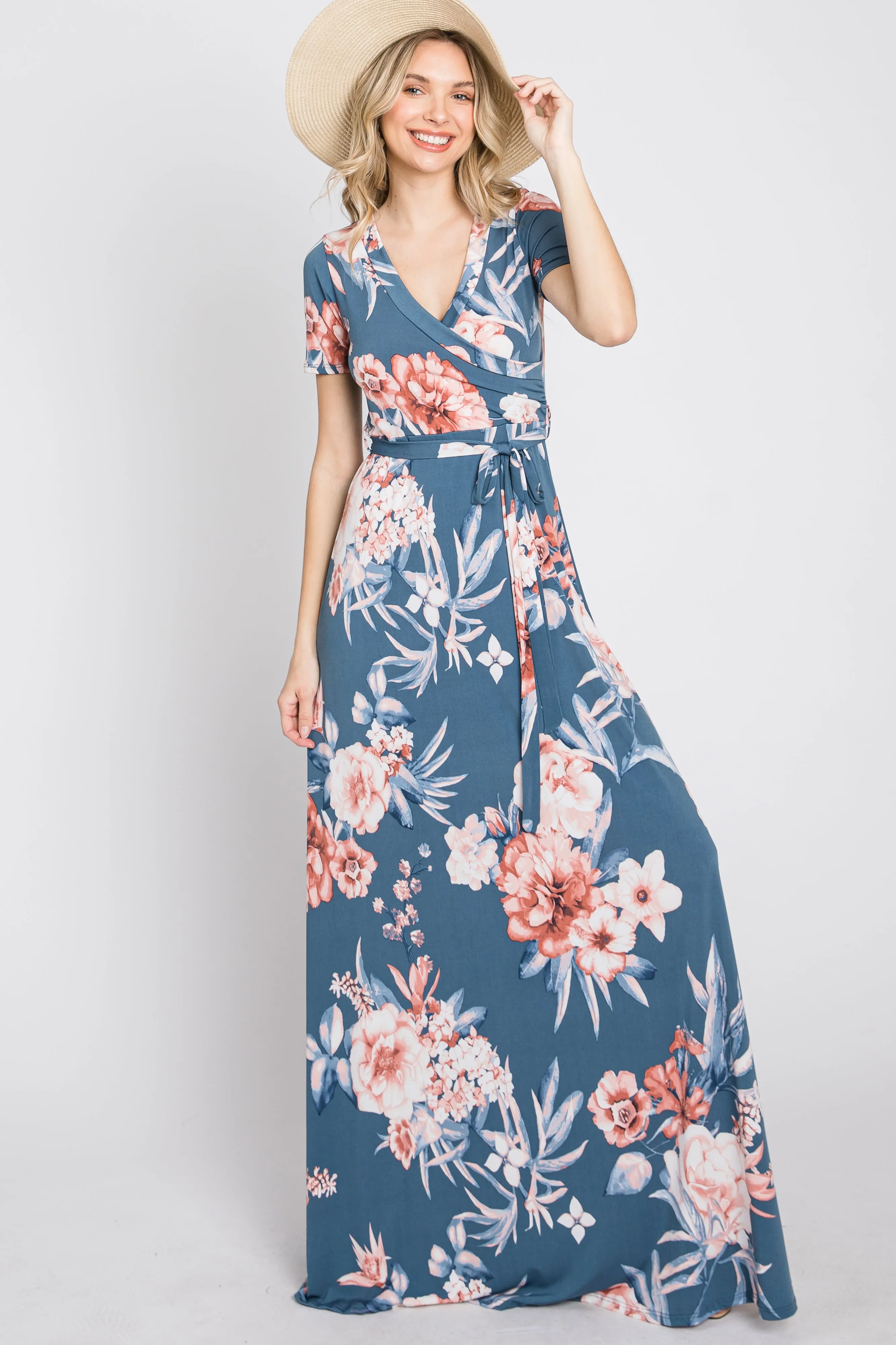 Blue Floral Wrap Nursing Maxi Dress sold by Pinkblush