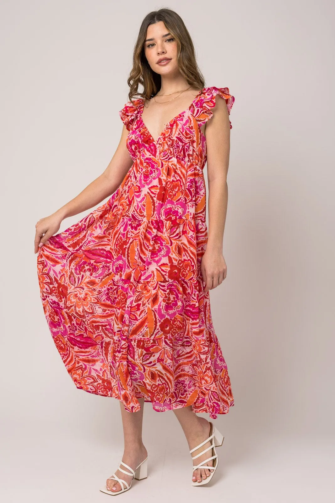 Fuchsia Floral Flutter Sleeve Dress sold by Pinkblush
