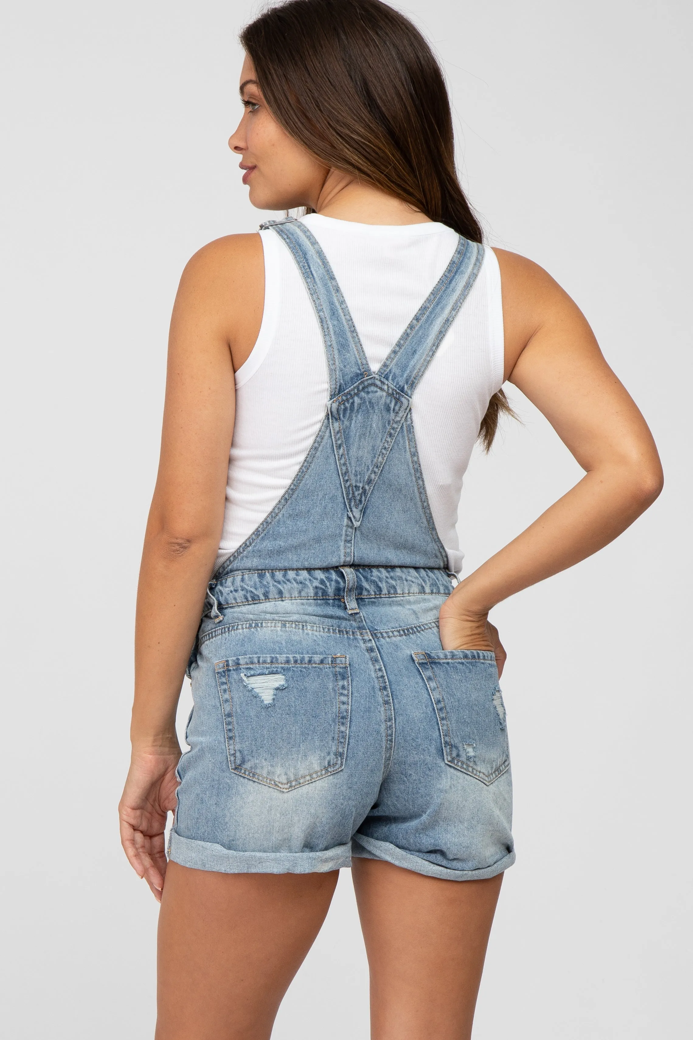 Blue Distressed Maternity Denim Short Overalls sold by Pinkblush product image thumbnail 4