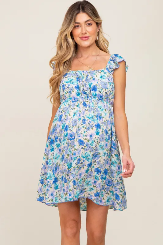 Blue Floral Ruffle Off Shoulder Maternity Dress sold by Pinkblush