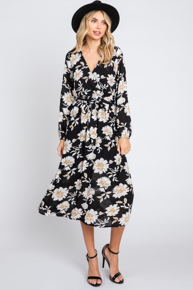 Black Floral Wrap Front Waist Tie Midi Dress sold by Pinkblush product image thumbnail 4