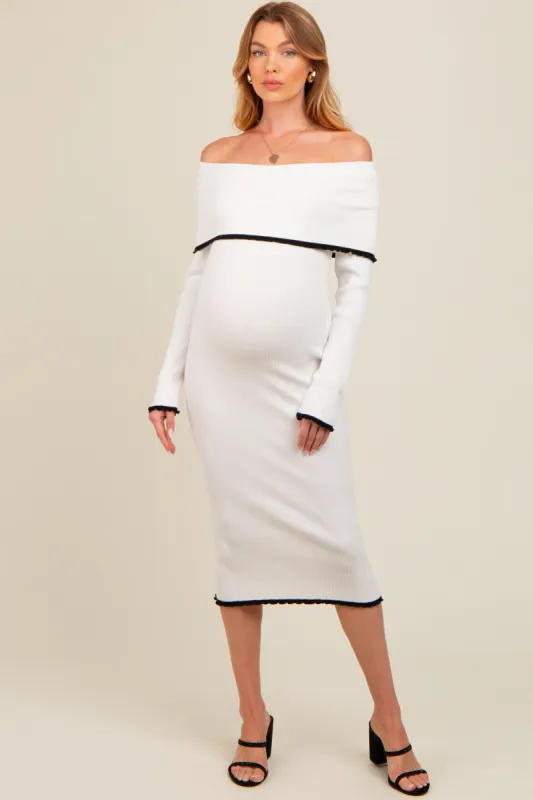 Ivory Knit Off Shoulder Contrast Ruffle Trim Maternity Dress sold by Pinkblush
