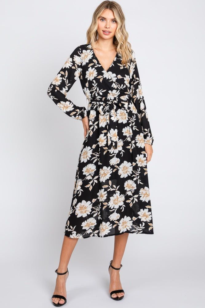 Black Floral Wrap Front Waist Tie Midi Dress sold by Pinkblush